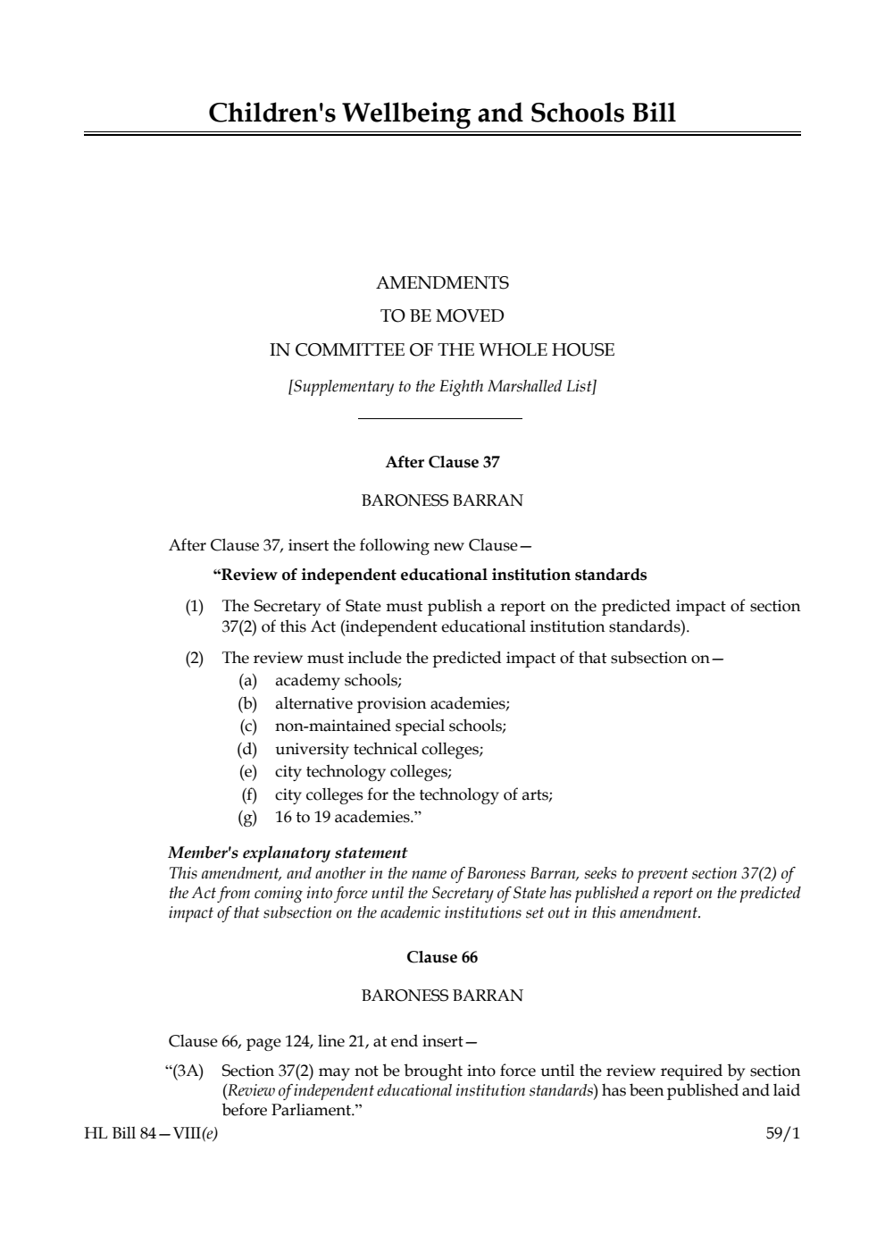 Children's Wellbeing and Schools Bill Amendments to be moved in Committee of the Whole House [Supplementary to the Eighth Marshalled List] 