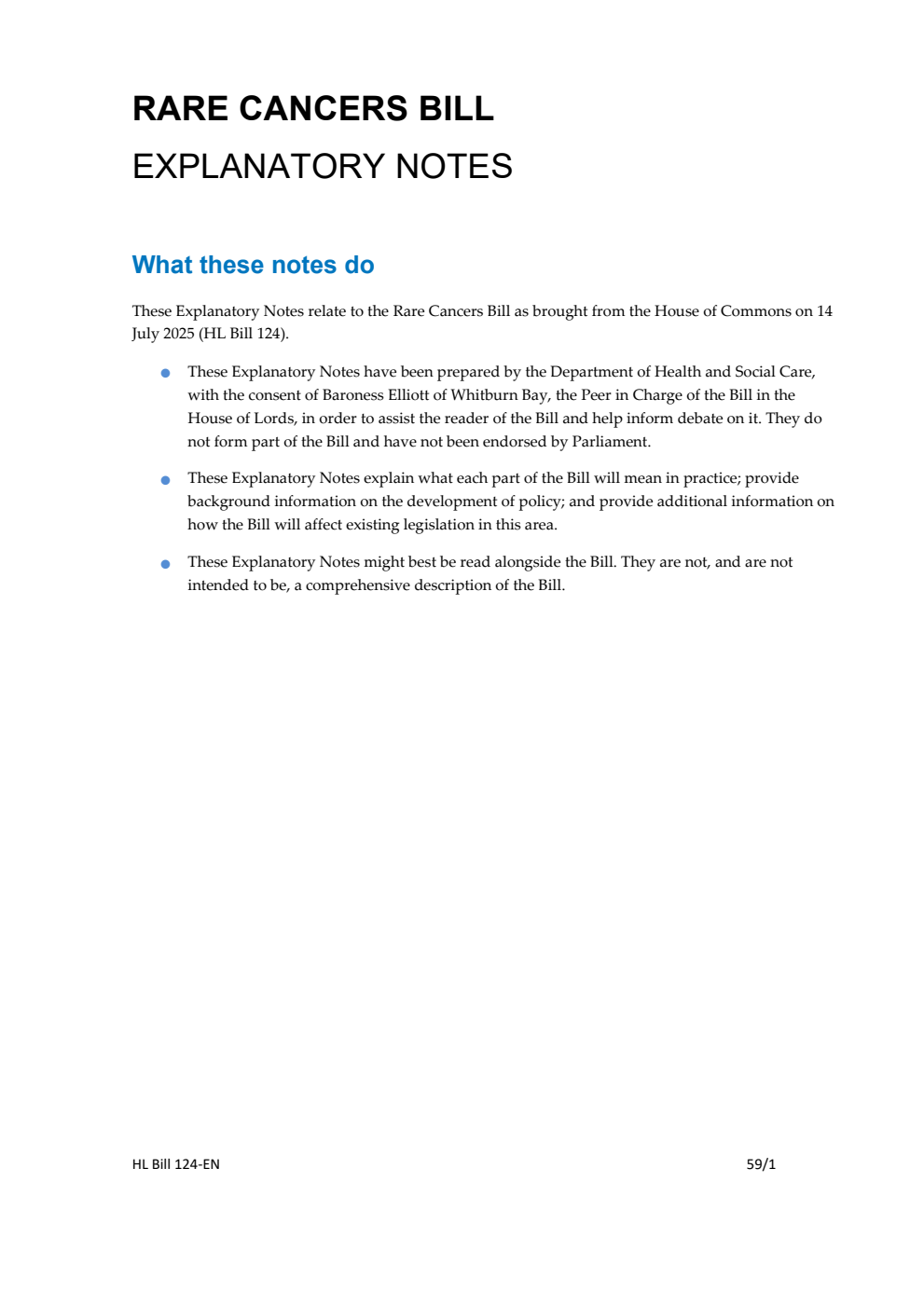 Rare Cancers Bill Explanatory Notes