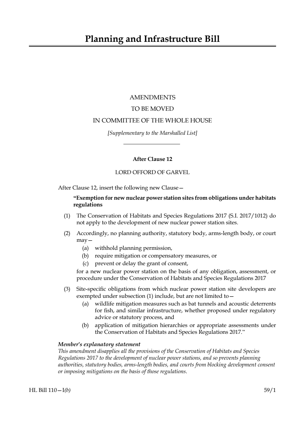 Planning and Infrastructure Bill Amendments to be moved in Committee of the Whole House [Supplementary to the Marshalled List]