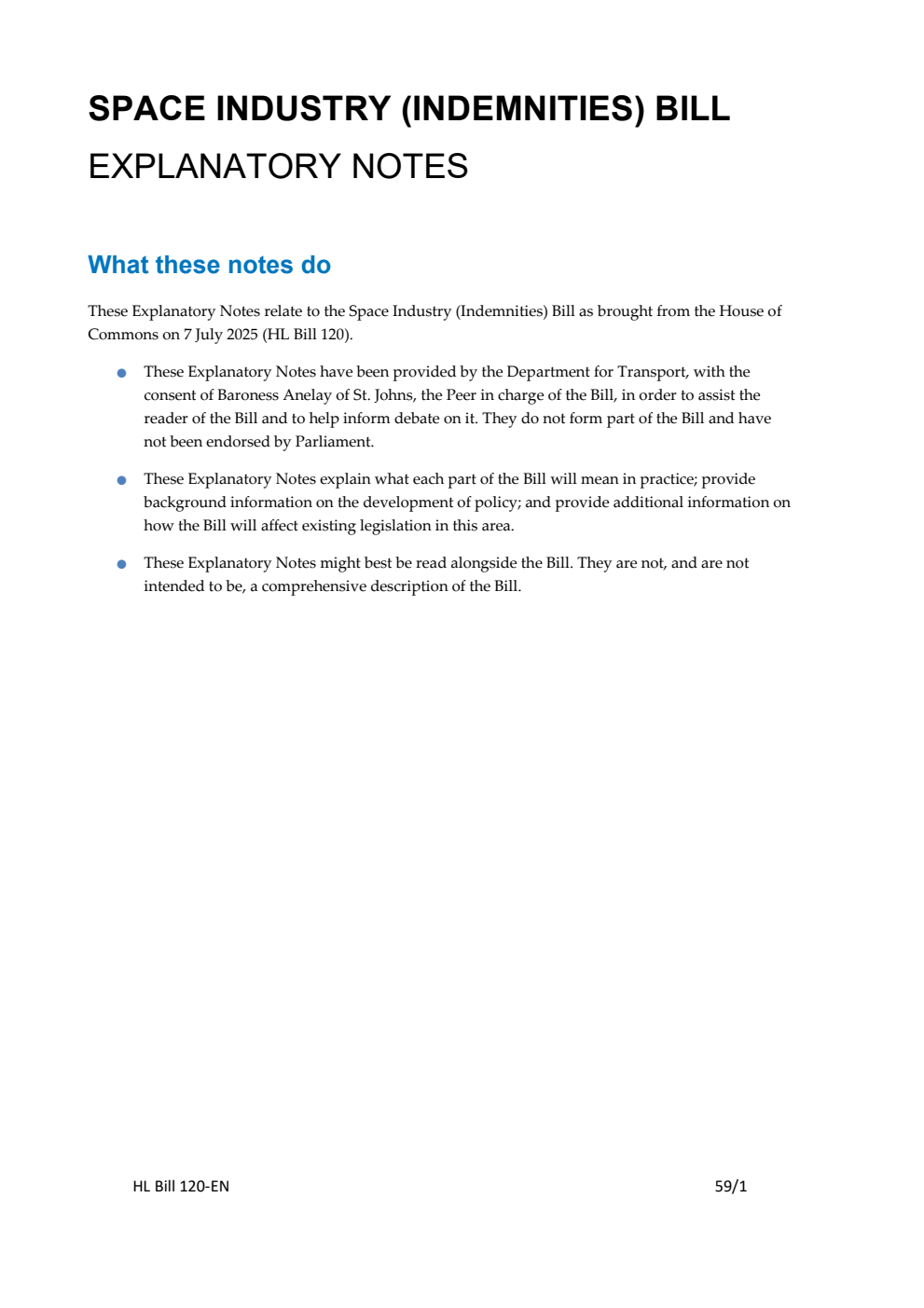 Space Industry (Indemnities) Bill Explanatory Notes
