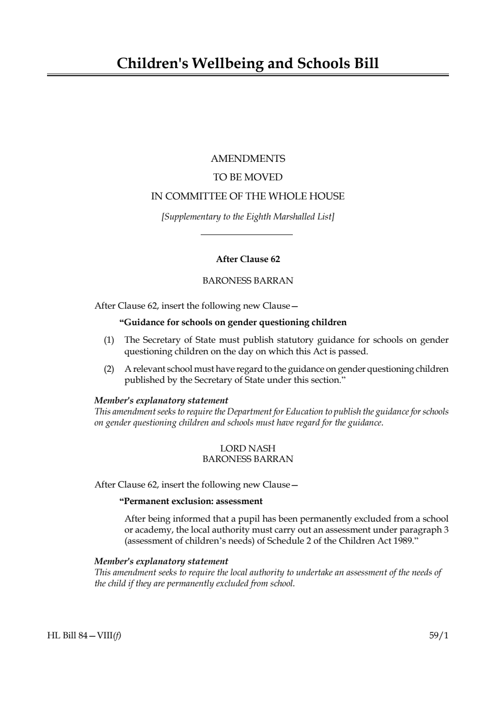 Children's Wellbeing and Schools Bill Amendments to be moved in Committee of the Whole House [Supplementary to the Eighth Marshalled List] 
