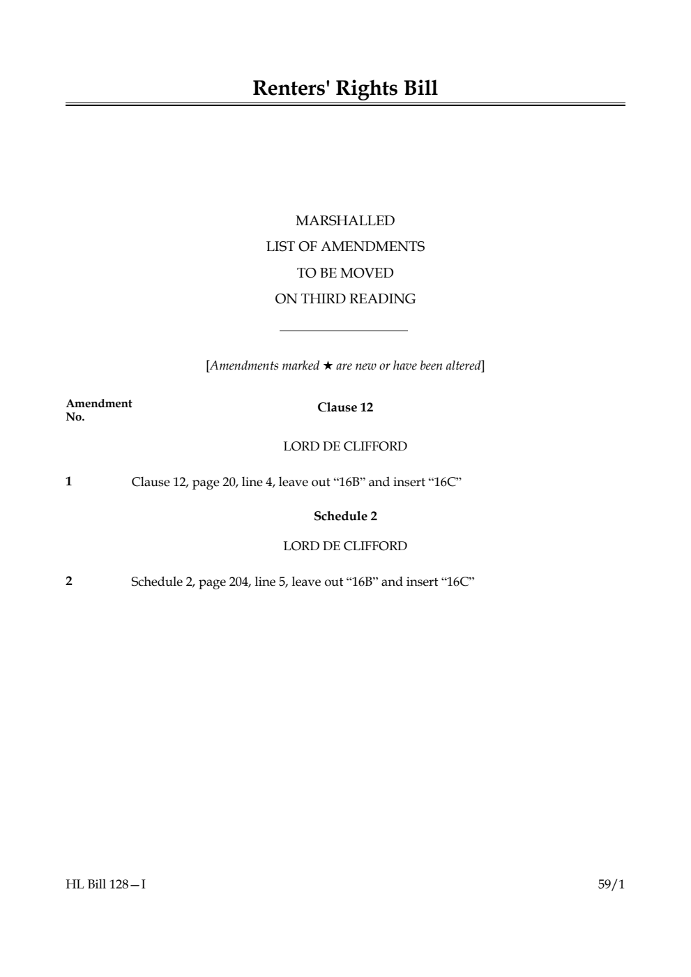 Renters' Rights Bill Marshalled List of amendments to be moved on third reading