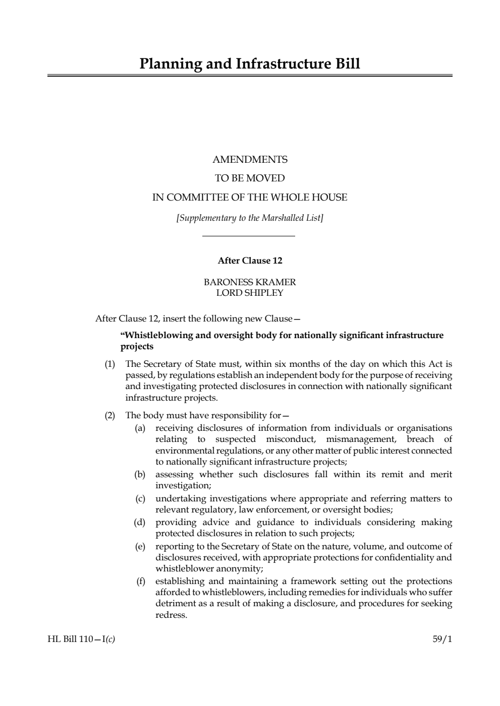 Planning and Infrastructure Bill Amendments to be moved in Committee of the Whole House [Supplementary to the Marshalled List] 