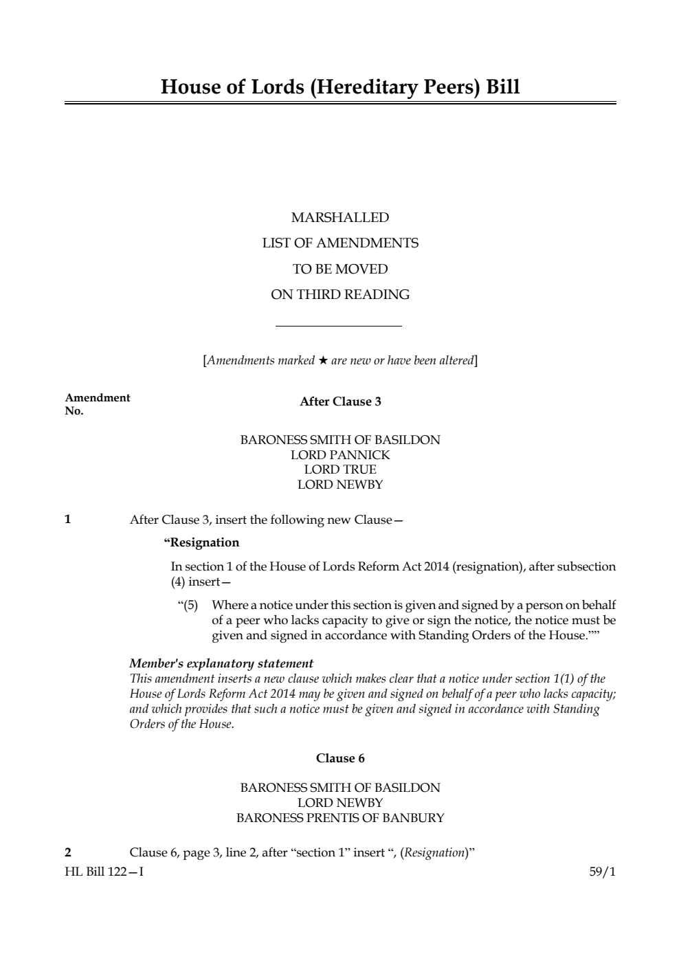 House of Lords (Hereditary Peers) Bill Marshalled List of amendments to be moved on third reading