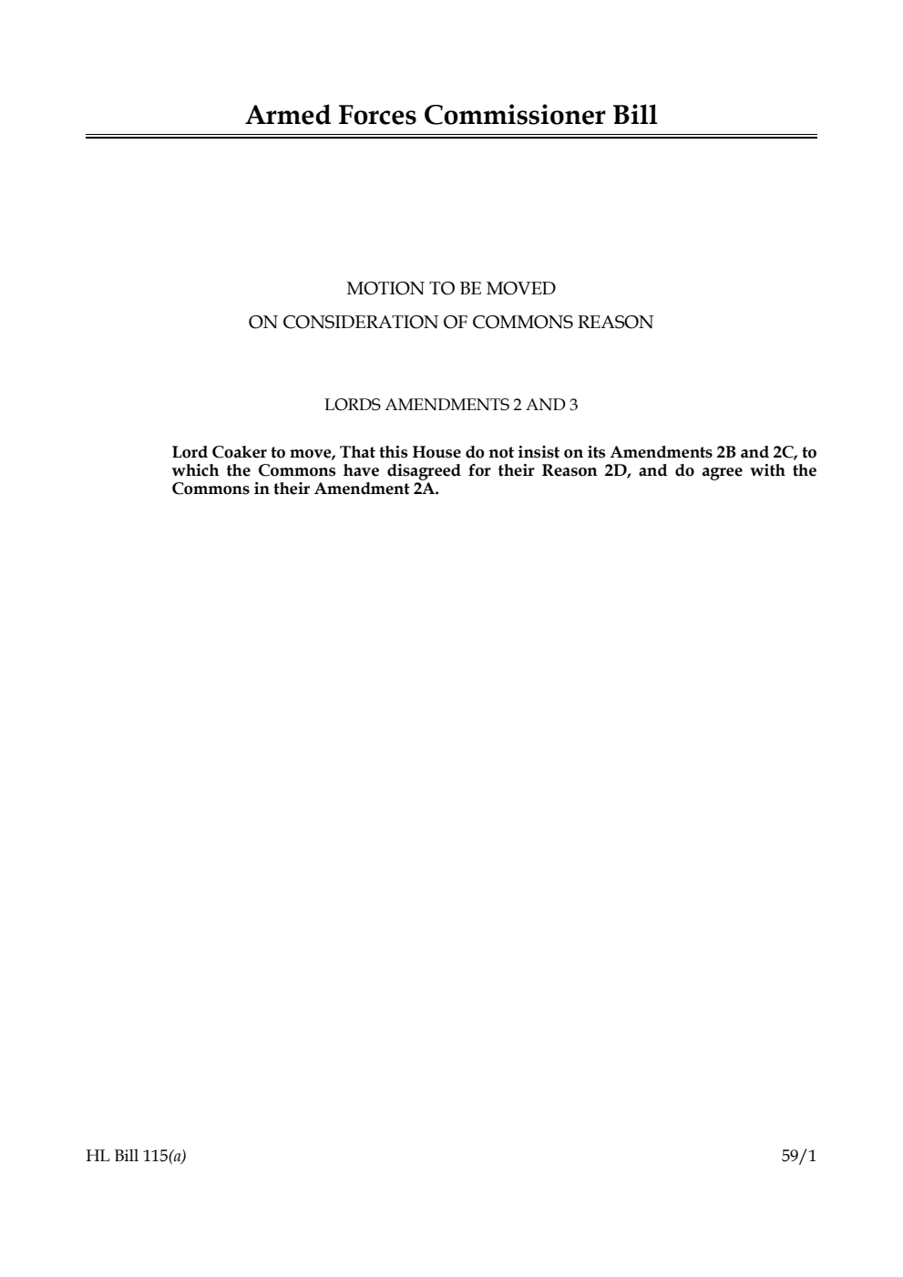 Armed Forces Commissioner Bill Motion to be moved on consideration of Commons reason