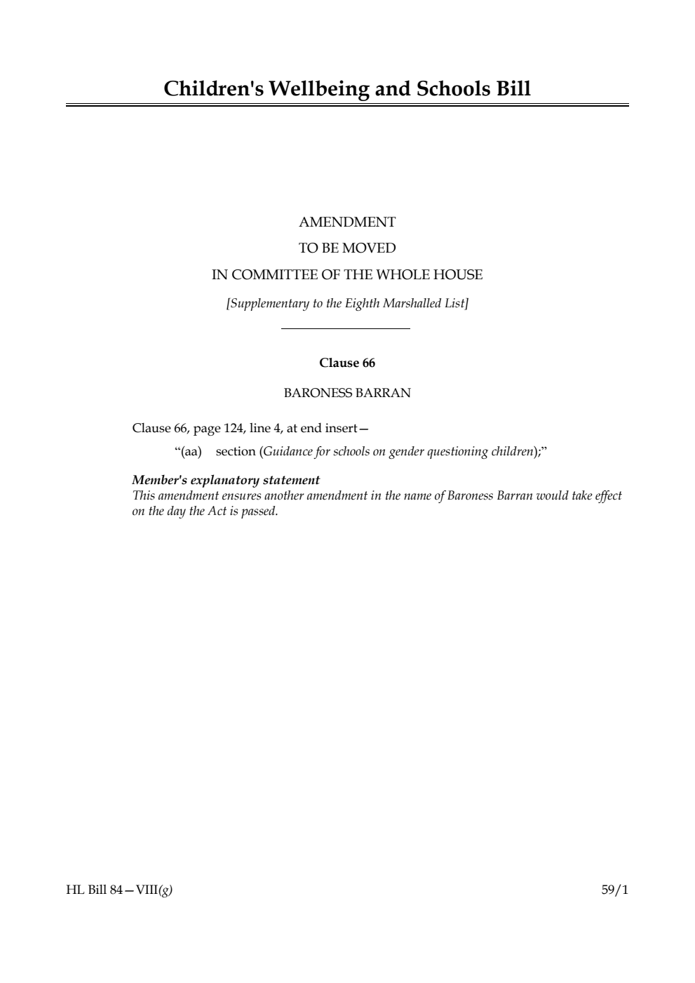 Children's Wellbeing and Schools Bill Amendment to be moved in Committee of the Whole House [Supplementary to the Eighth Marshalled List] 