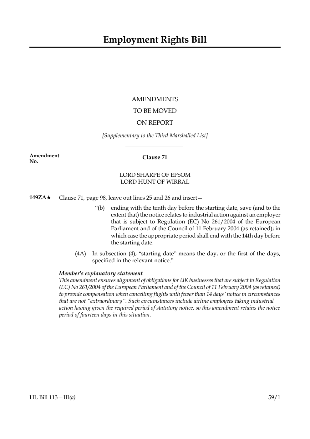 Employment Rights Bill Amendments to be moved on report [Supplementary to the Third Marshalled List]