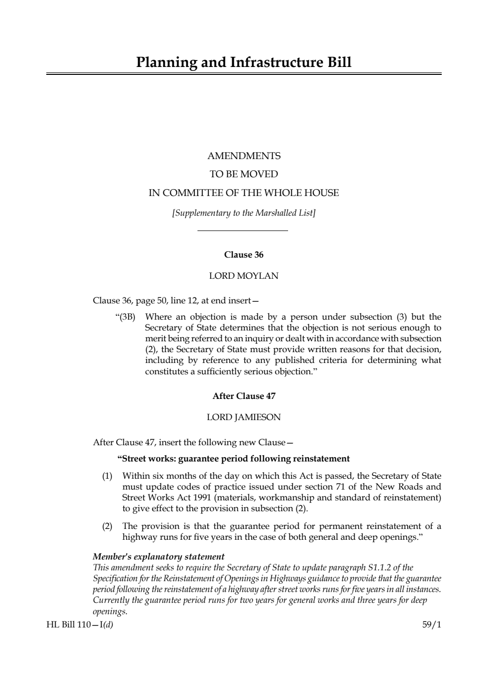 Planning and Infrastructure Bill Amendments to be moved in Committee of the Whole House [Supplementary to the Marshalled List] 