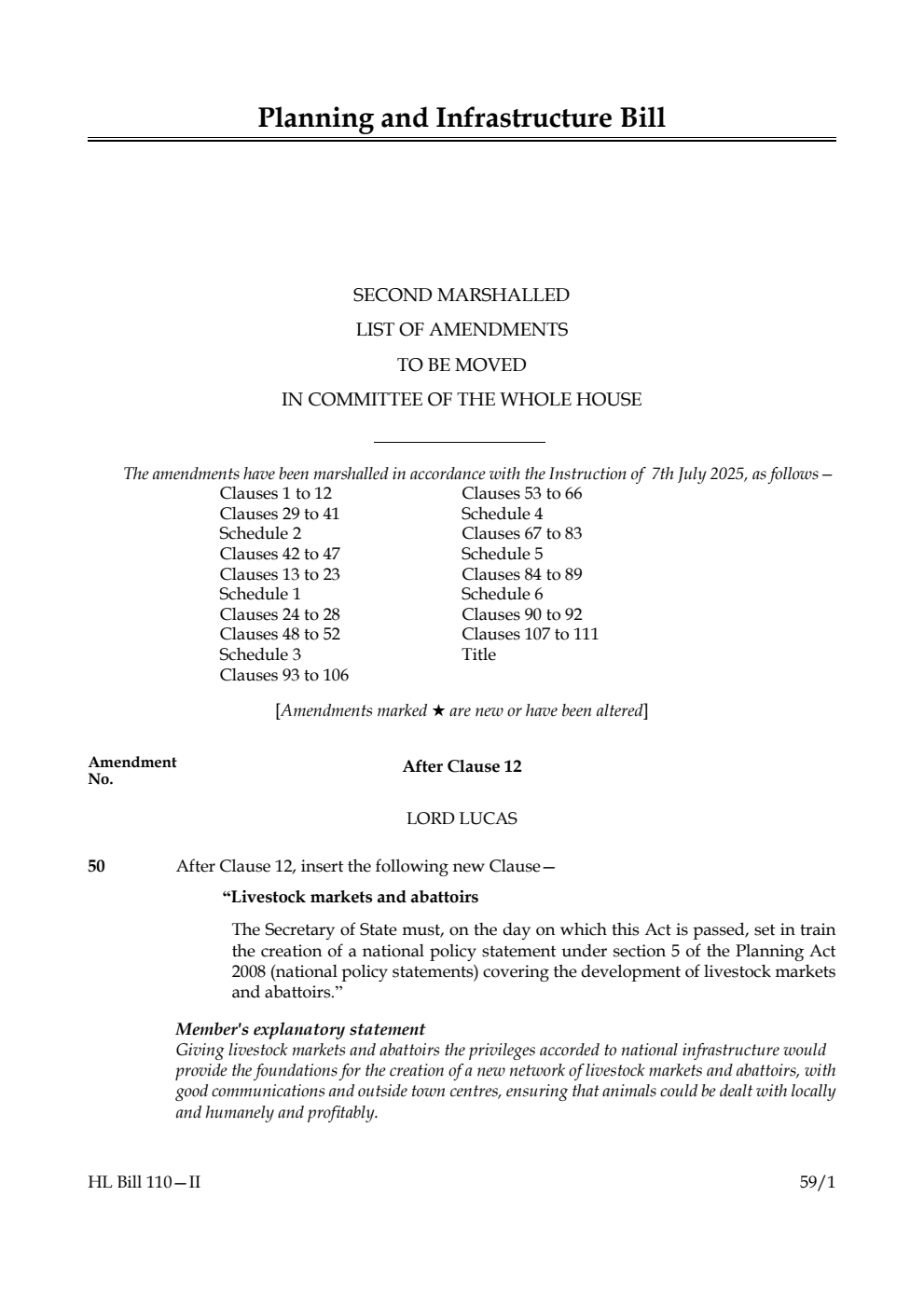 Planning and Infrastructure Bill Second Marshalled List of amendments to be moved in Committee of the Whole House