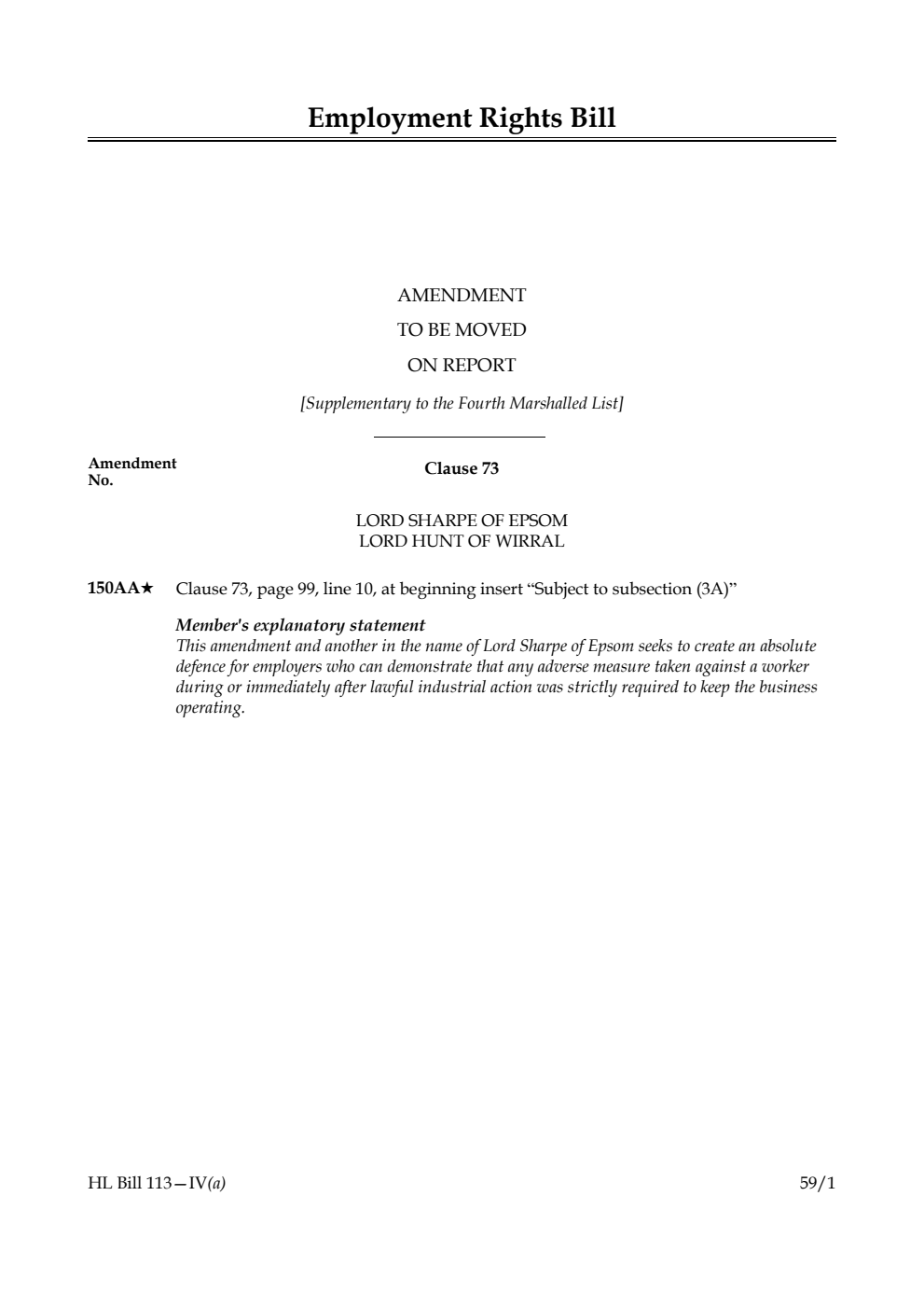 Employment Rights Bill Amendment to be moved on report [Supplementary to the Fourth Marshalled List] 