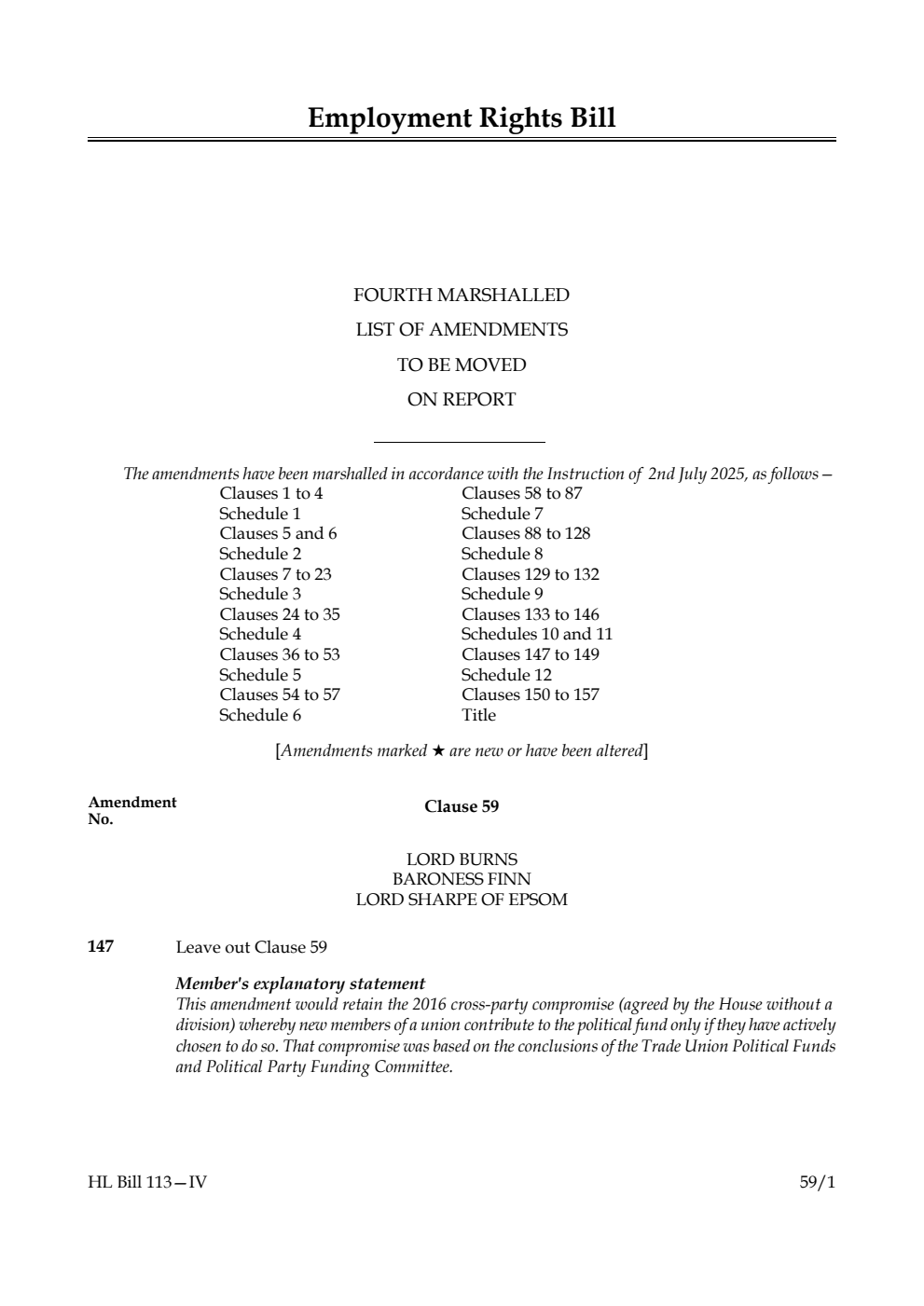 Employment Rights Bill Fourth Marshalled List of amendments to be moved on report