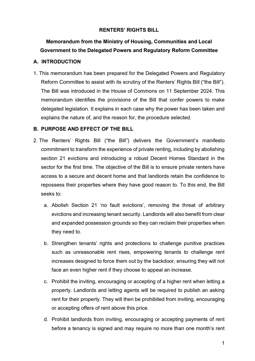 Renters’ Rights Bill Memorandum from the Ministry of Housing, Communities and Local Government to the Delegated Powers and Regulatory Reform Committee. January 2025