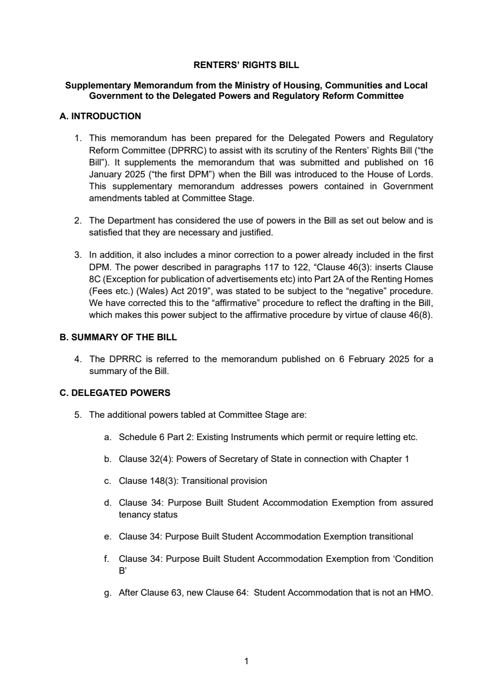 Renters’ Rights Bill Supplementary Memorandum from the Ministry of Housing, Communities and Local Government to the Delegated Powers and Regulatory Reform Committee. April 2025