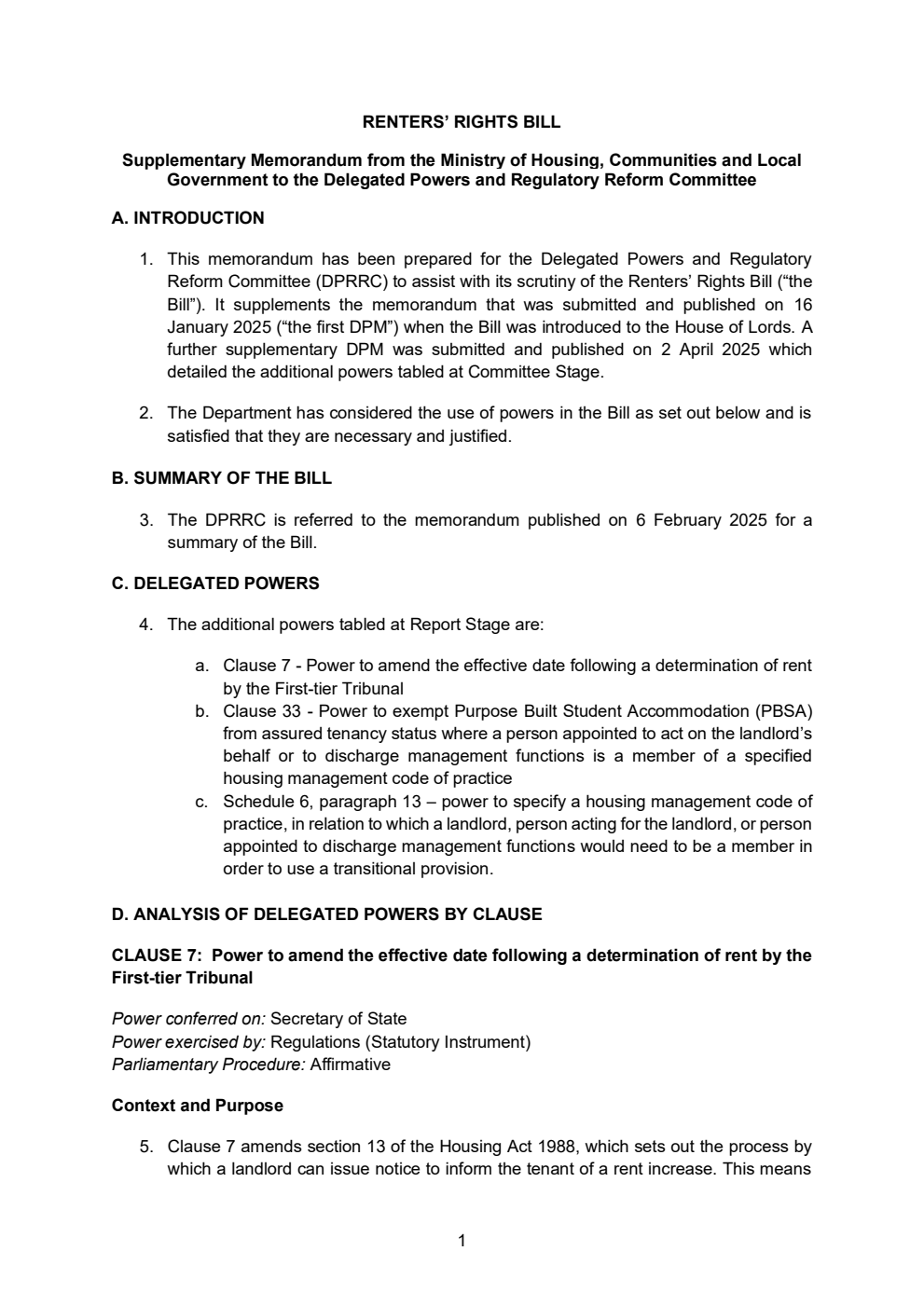Renters' Rights Bill Supplementary Memorandum from the Ministry of Housing, Communities and Local Government to the Delegated Powers and Regulatory Reform Committee. June 2025