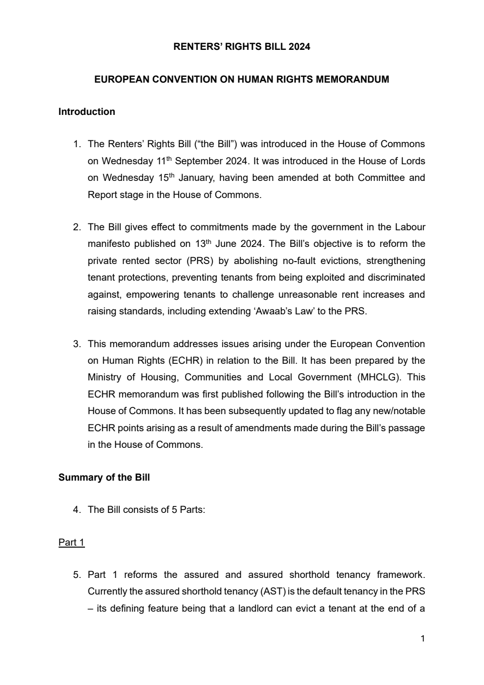 Renters’ Rights Bill European Convention on Human Rights. January 2025