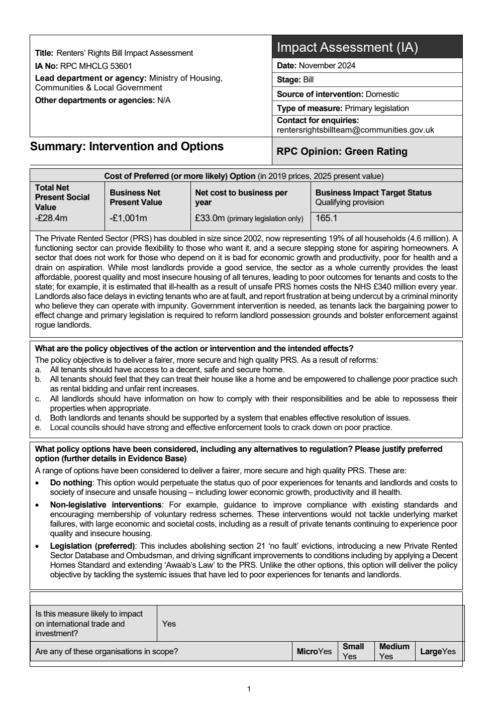 Renters' Rights Bill Impact Assessment. November 2024