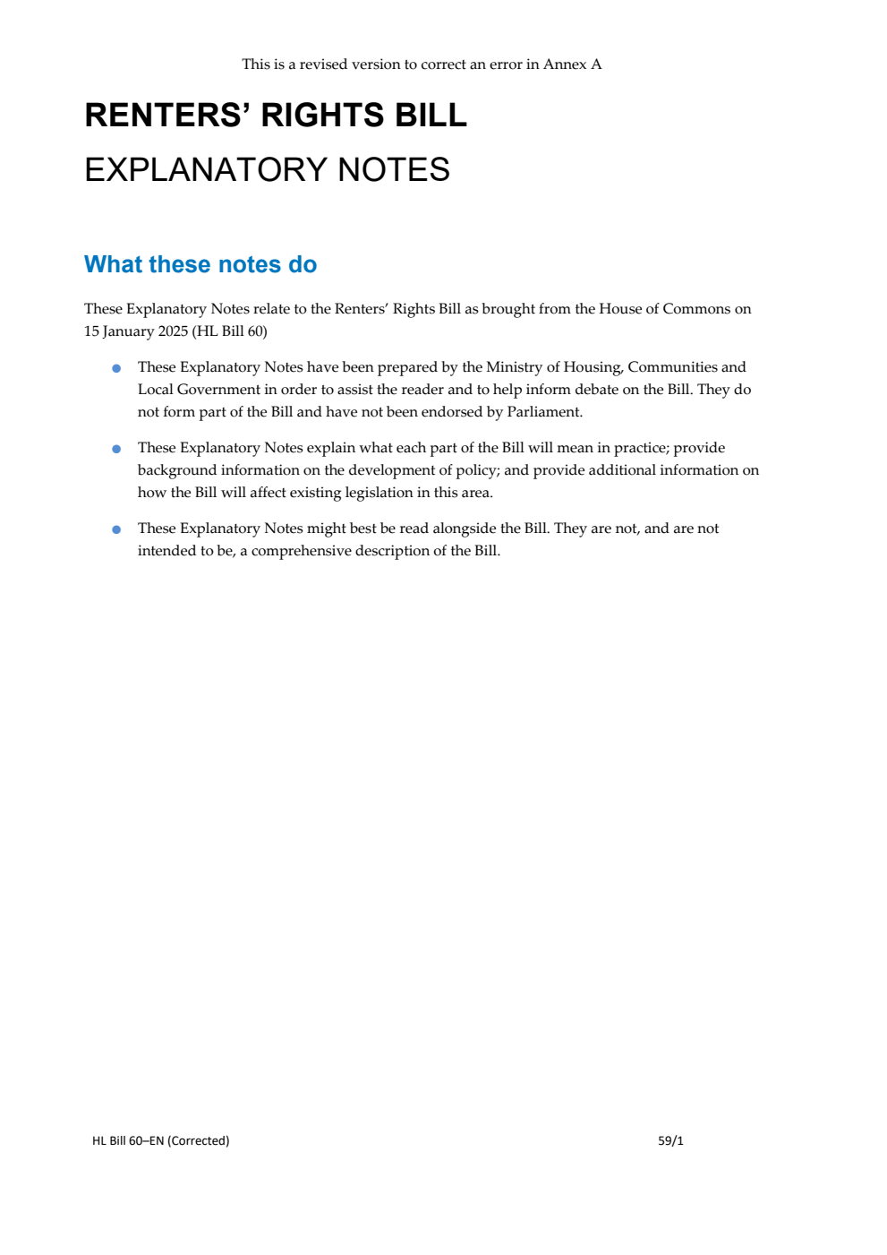 Renters’ Rights Bill Explanatory Notes. Corrected copy