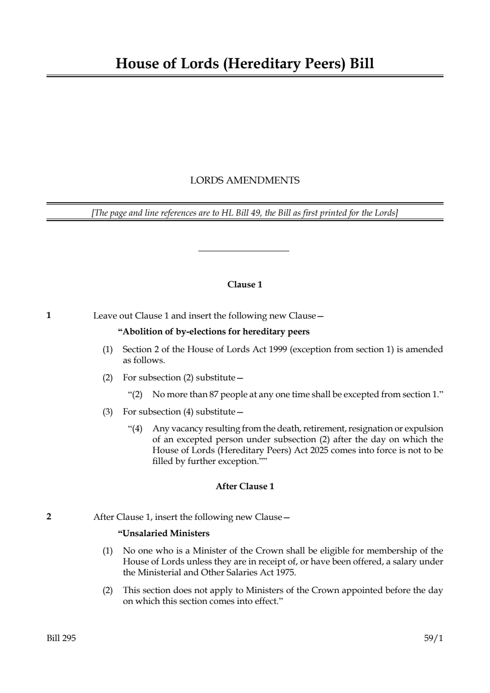 House of Lords (Hereditary Peers) Bill Lords Amendments