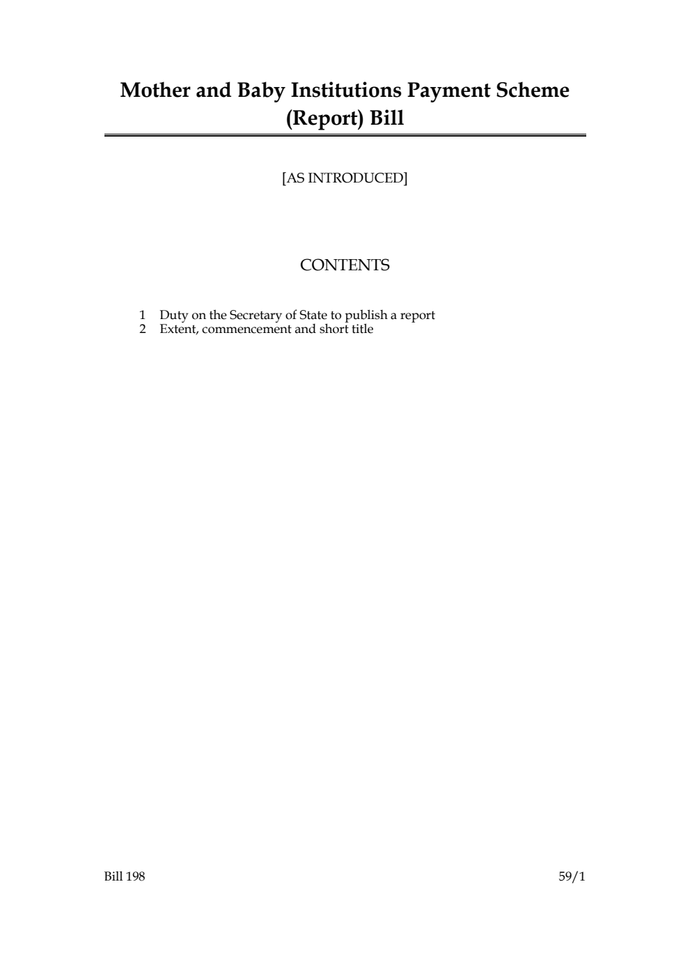 Mother and Baby Institutions Payment Scheme (Report) Bill