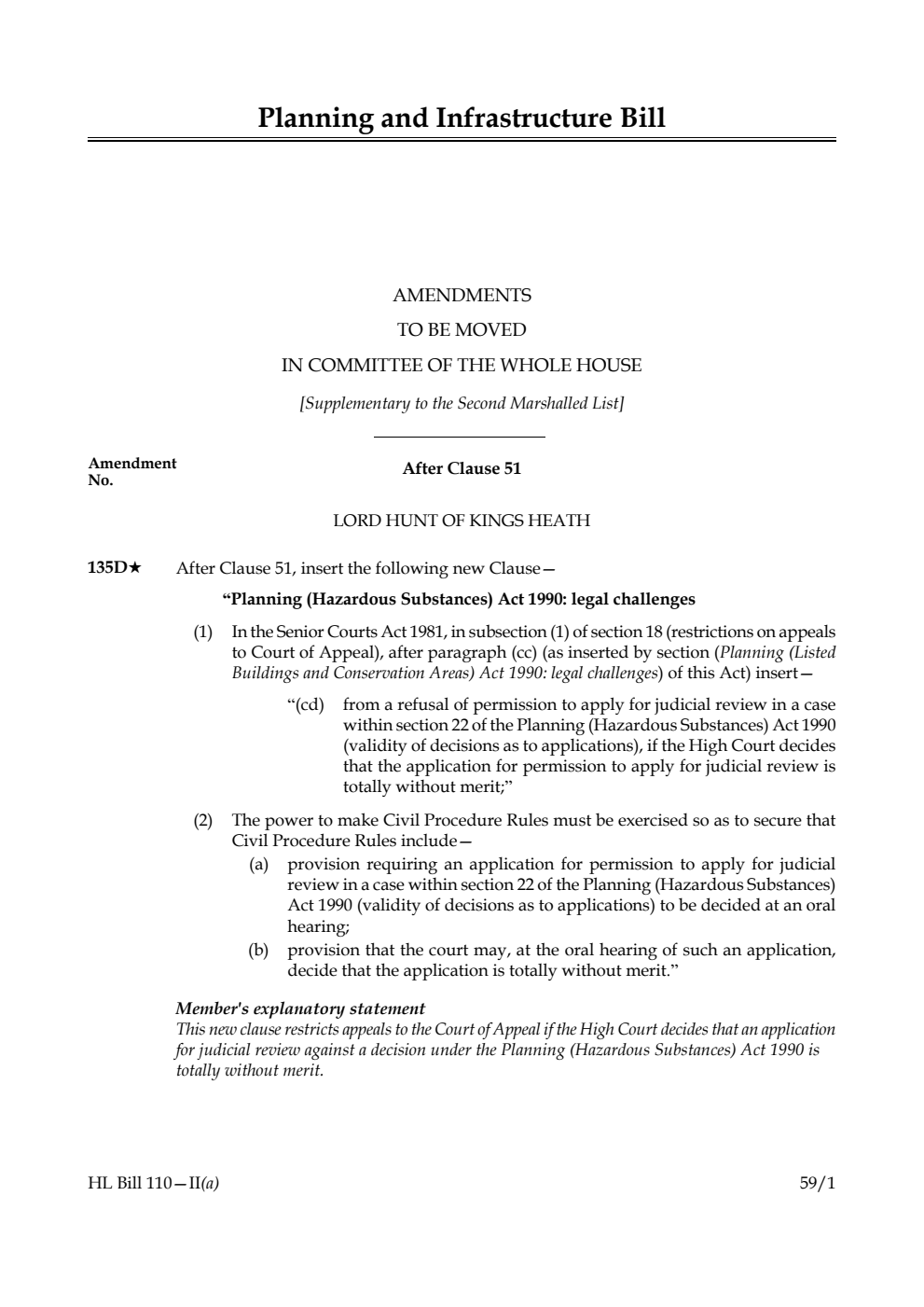 Planning and Infrastructure Bill Amendments to be moved in Committee of the Whole House [Supplementary to the Second Marshalled List] 