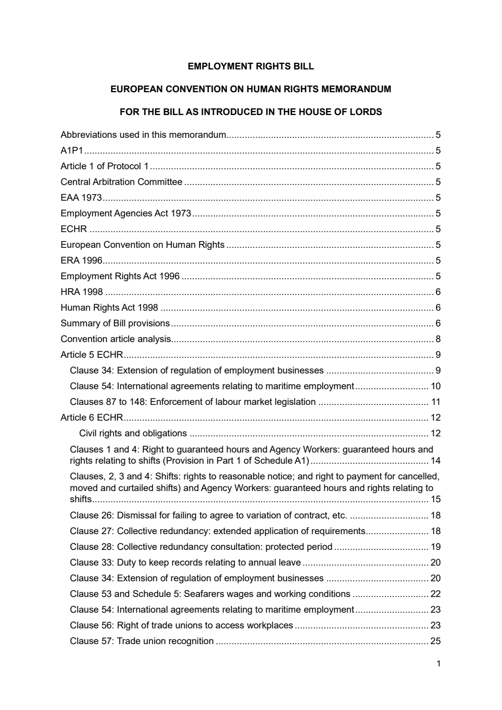Employment Rights Bill European Convention on Human Rights Memorandum. March 2025