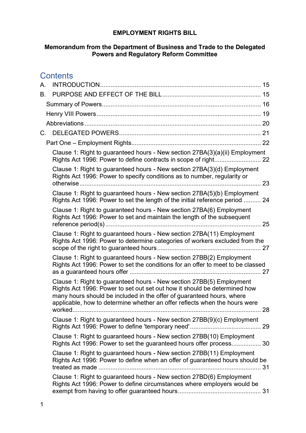 Employment Rights Bill Memorandum from the Department of Business and Trade to the Delegated Powers and Regulatory Reform Committee. March 2025