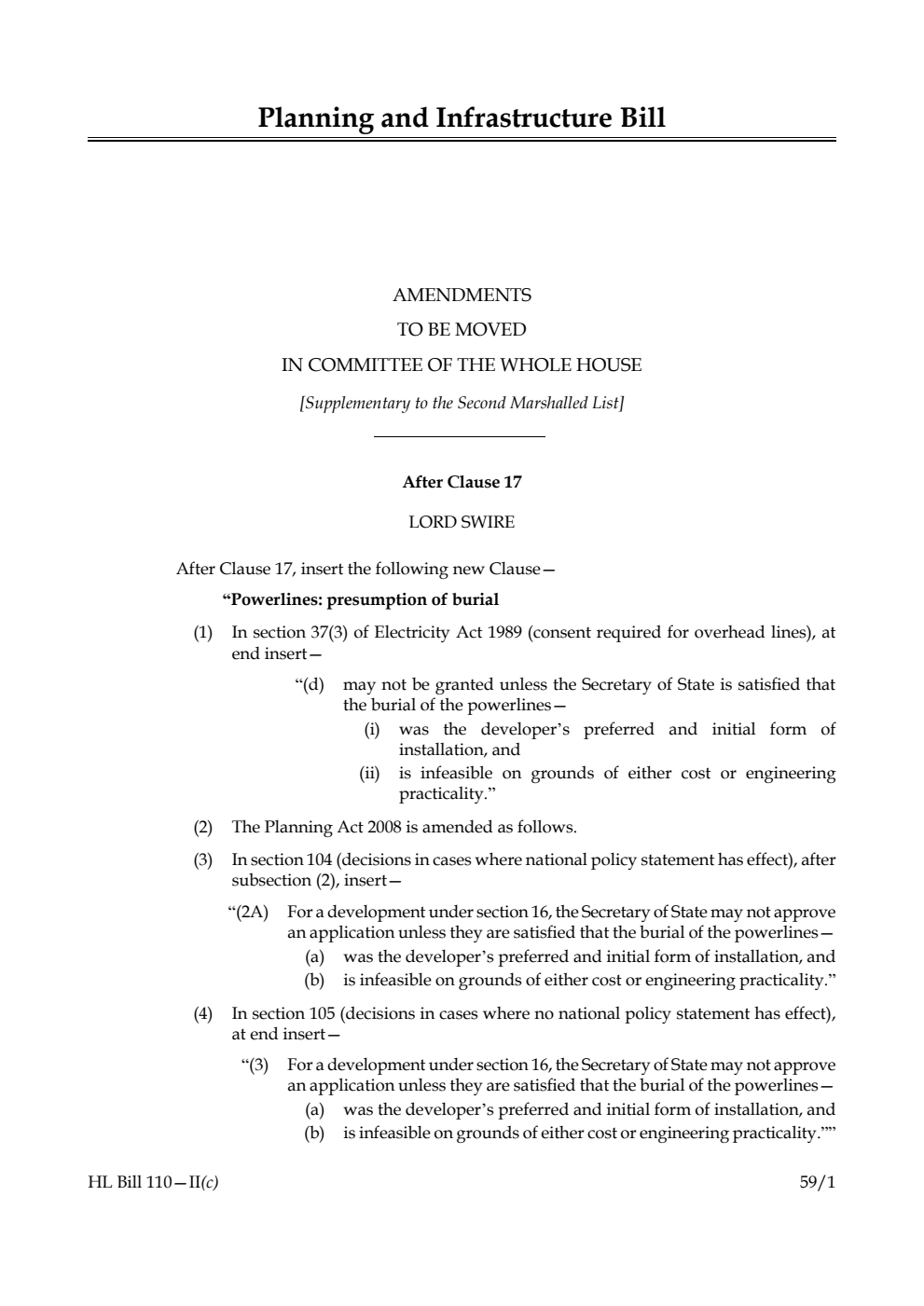 Planning and Infrastructure Bill Amendments to be moved in Committee of the Whole House [Supplementary to the Second Marshalled List] 