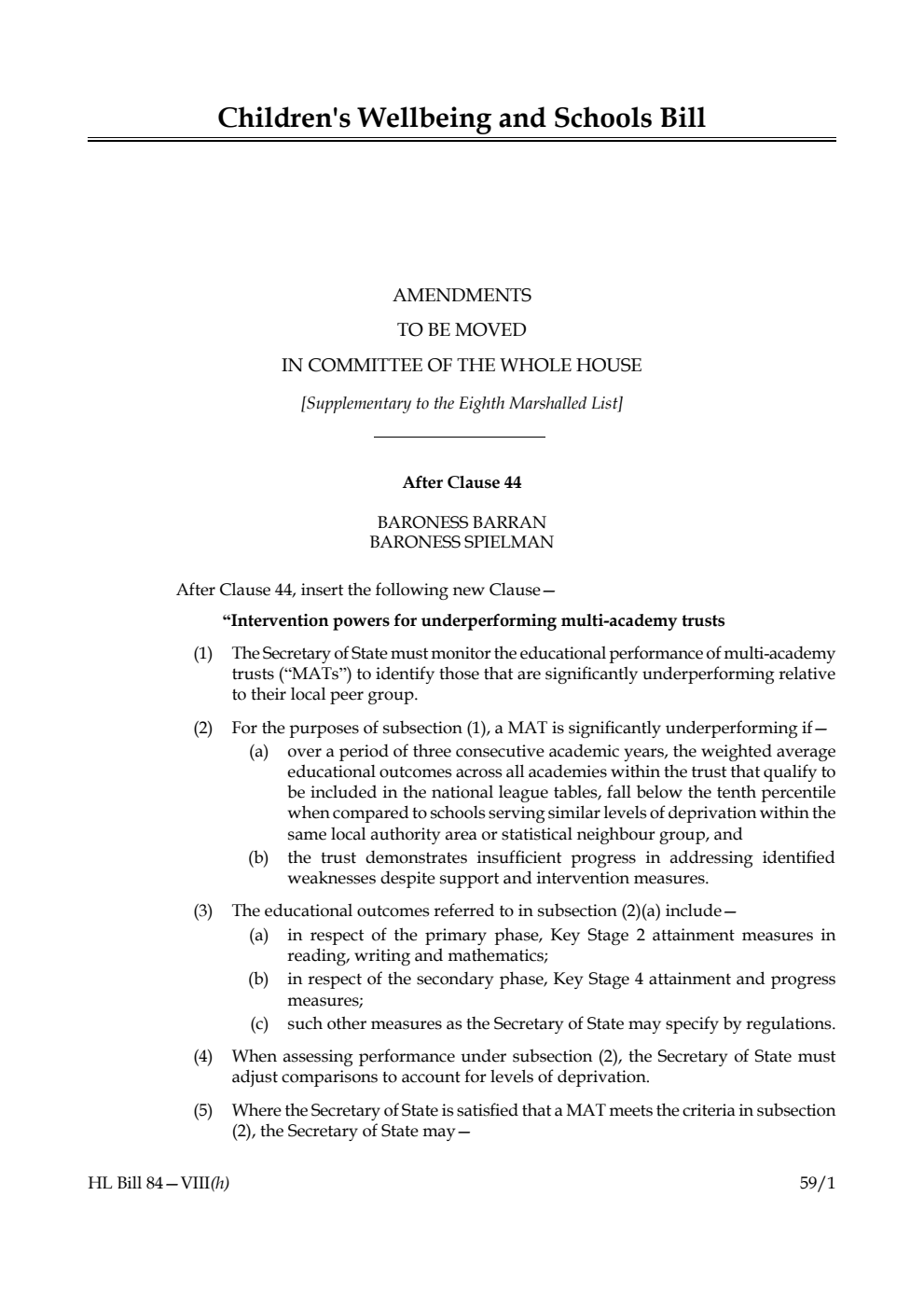 Children's Wellbeing and Schools Bill Amendments to be moved in Committee of the Whole House [Supplementary to the Eighth Marshalled List] 