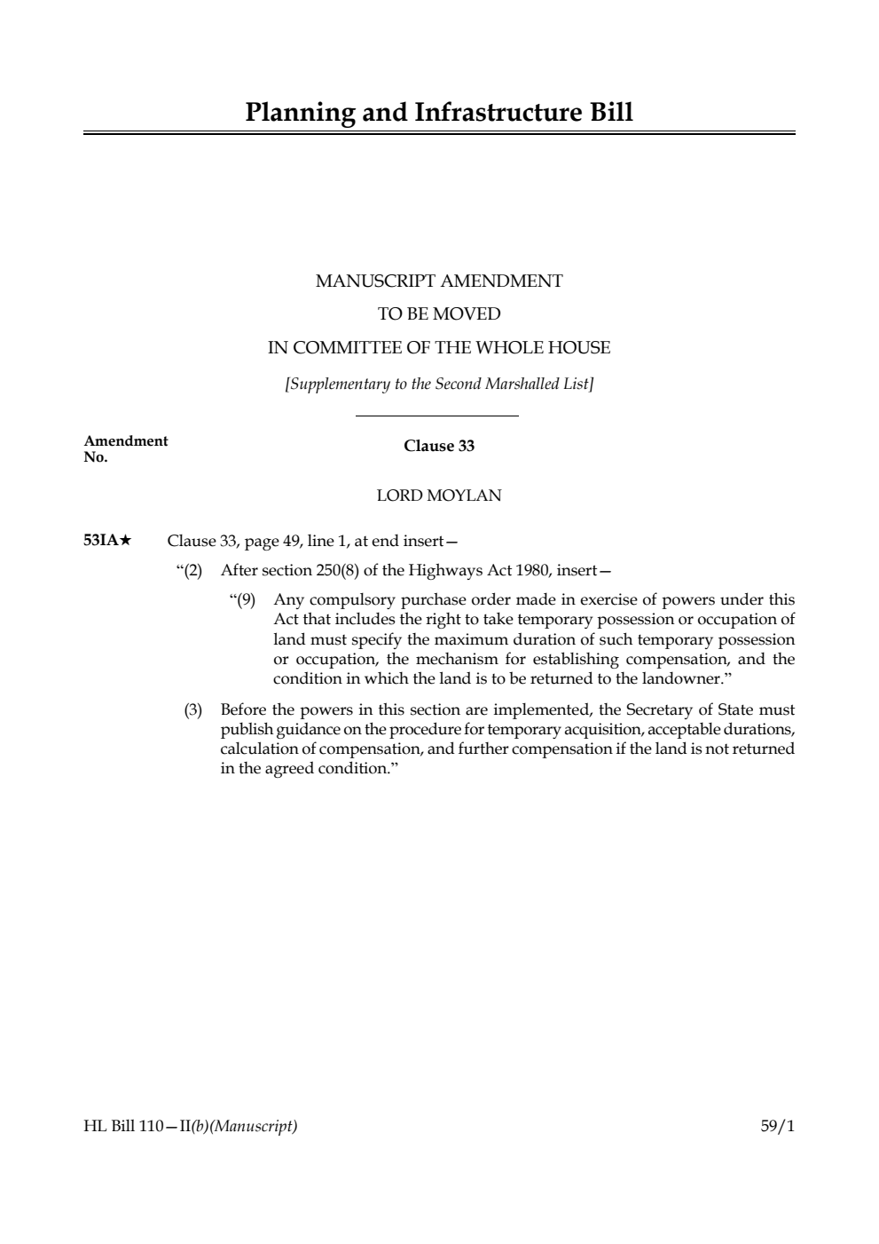 Planning and Infrastructure Bill Manuscript amendment to be moved in Committee of the Whole House [Supplementary to the Second Marshalled List] 