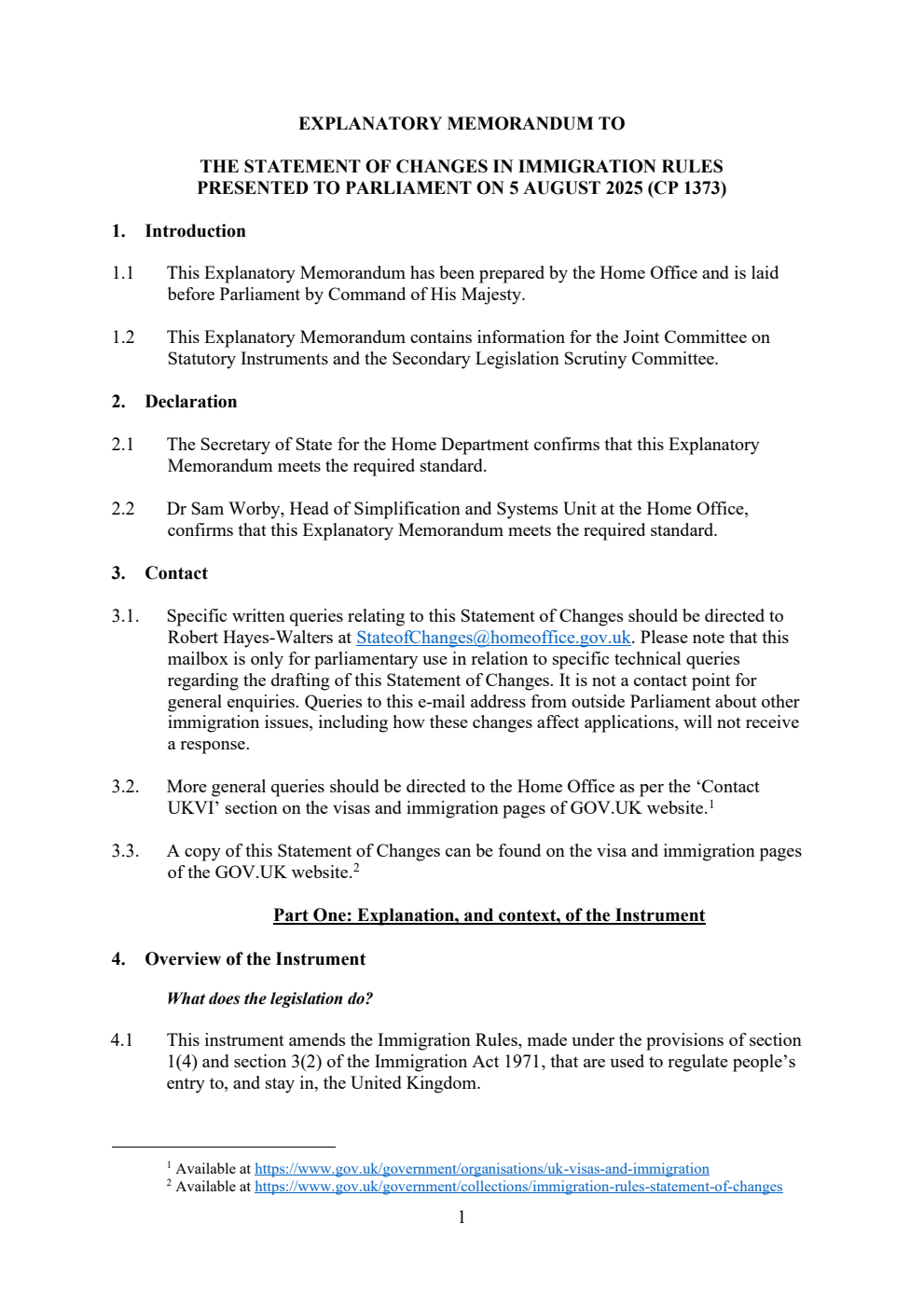 Explanatory Memorandum to the Statement of Changes in Immigration Rules