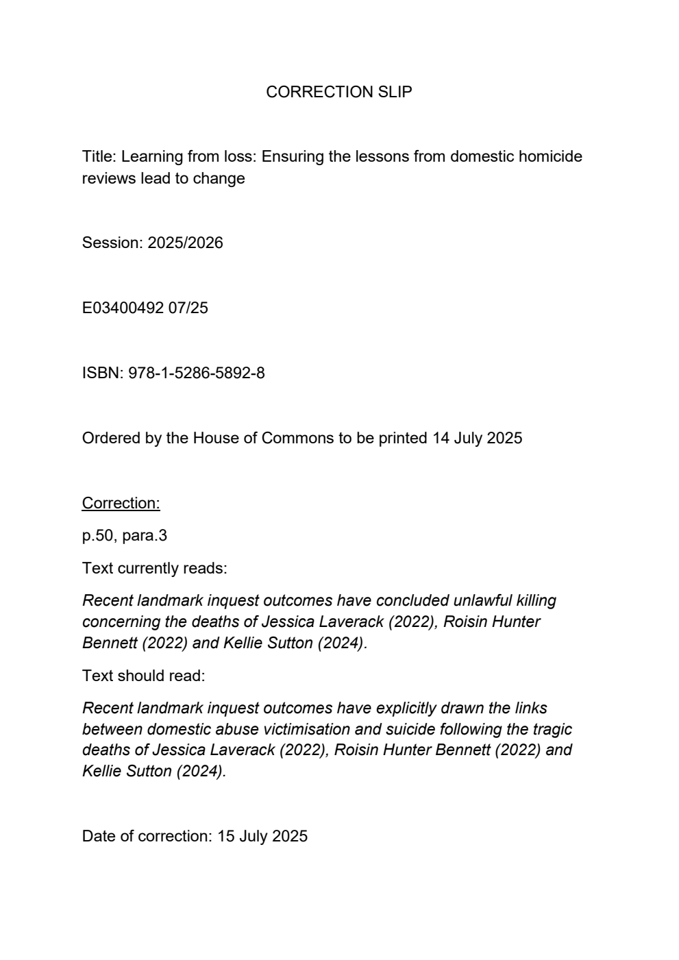 Learning from Loss: Ensuring the lessons from domestic homicide reviews lead to change. Correction Slip, July 2025