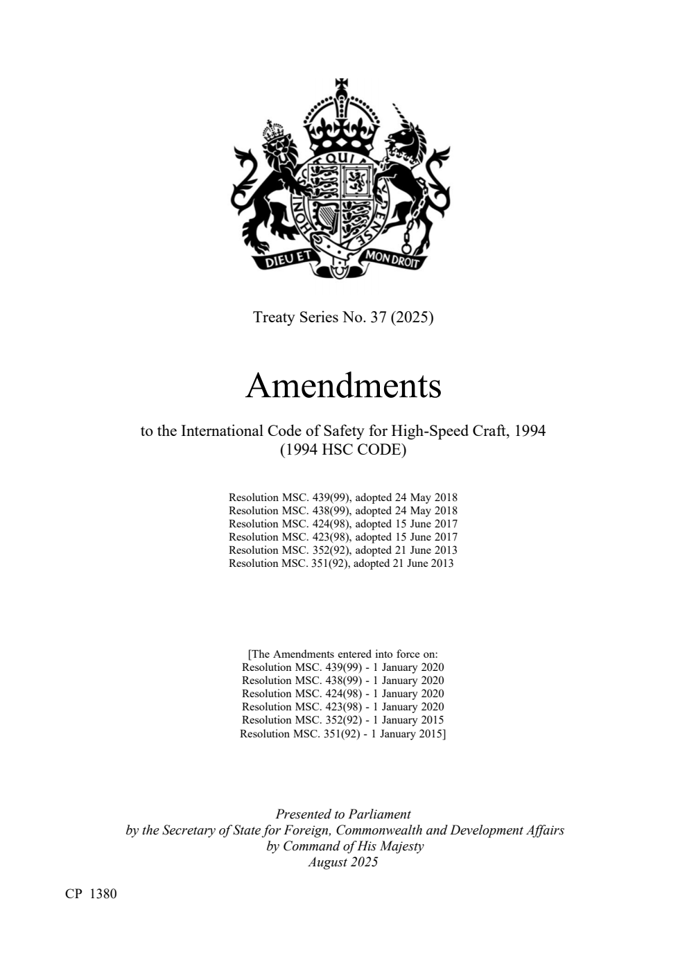 Treaty Series No. 37 (2025) Amendments to the International Code of Safety for High-Speed Craft, 1994 (1994 HSC CODE)