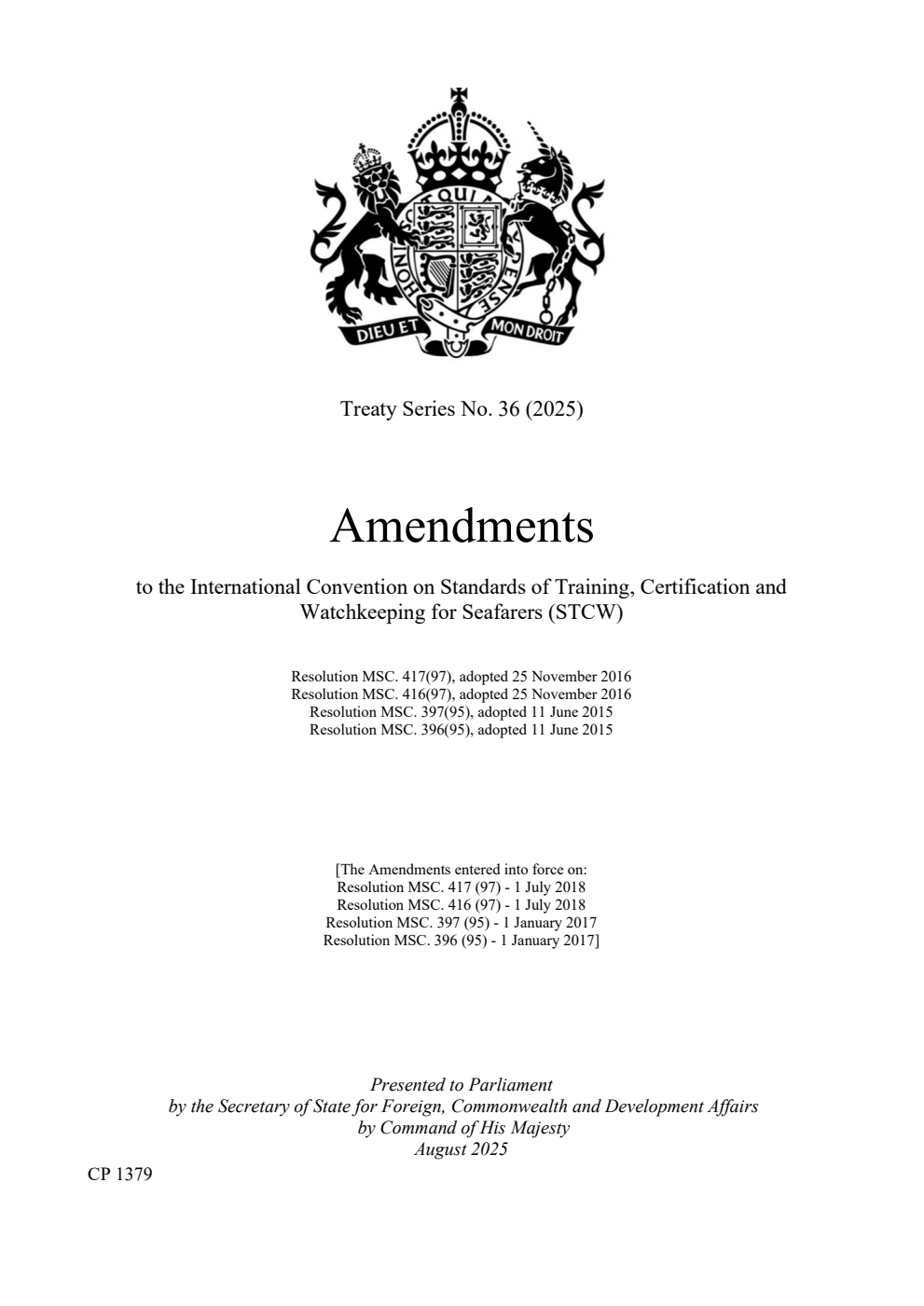 Treaty Series No. 36 (2025) Amendments to the International Convention on Standards of Training, Certification and Watchkeeping for Seafarers (STCW)