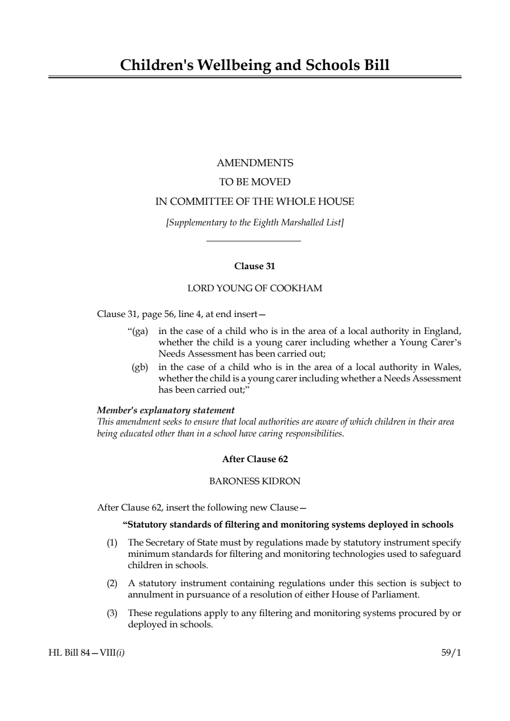 Children's Wellbeing and Schools Bill Amendments to be moved in Committee of the Whole House [Supplementary to the Eighth Marshalled List] 