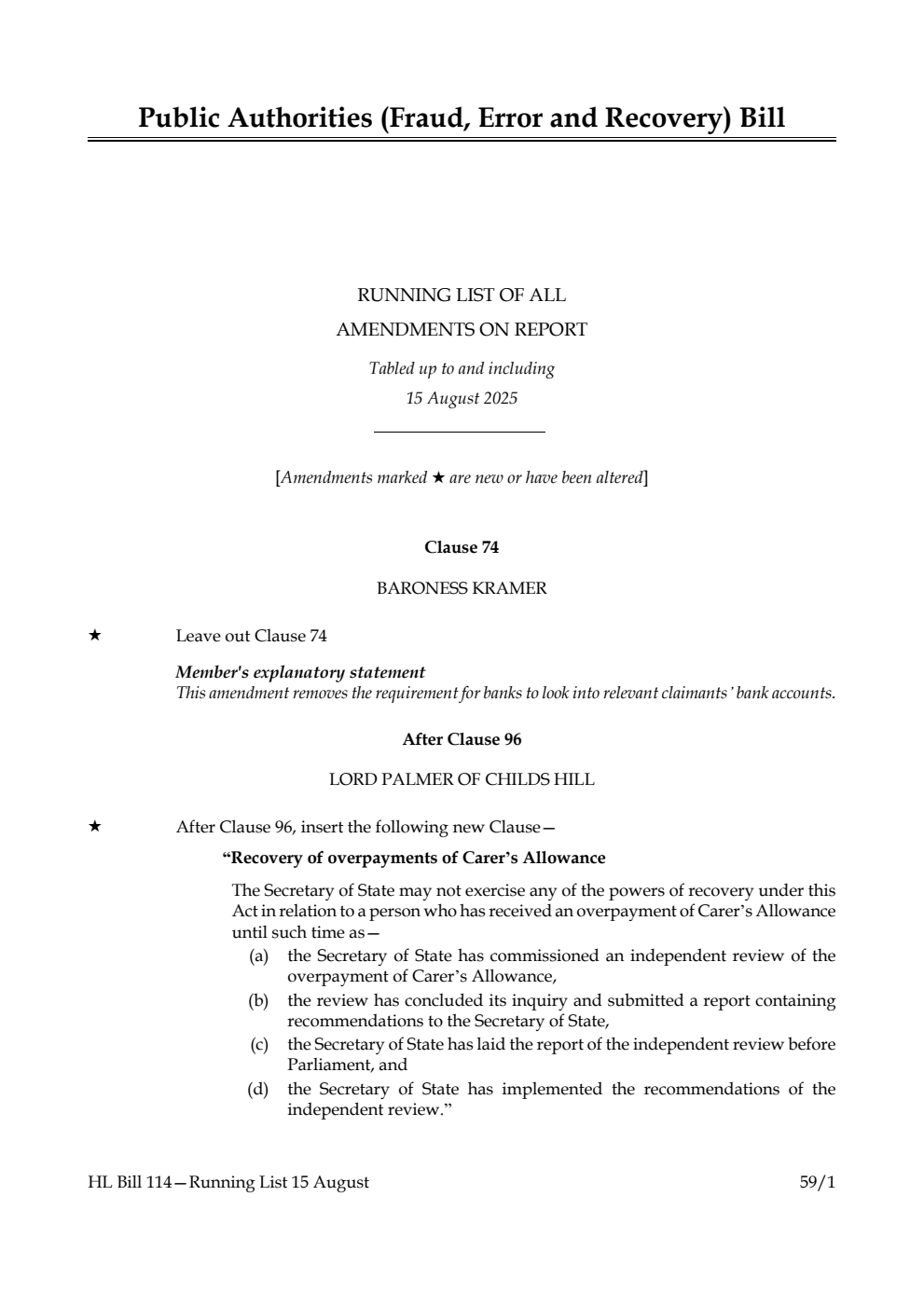 Public Authorities (Fraud, Error and Recovery) Bill Running List of all amendments on report tabled up to and including 15 August 2025