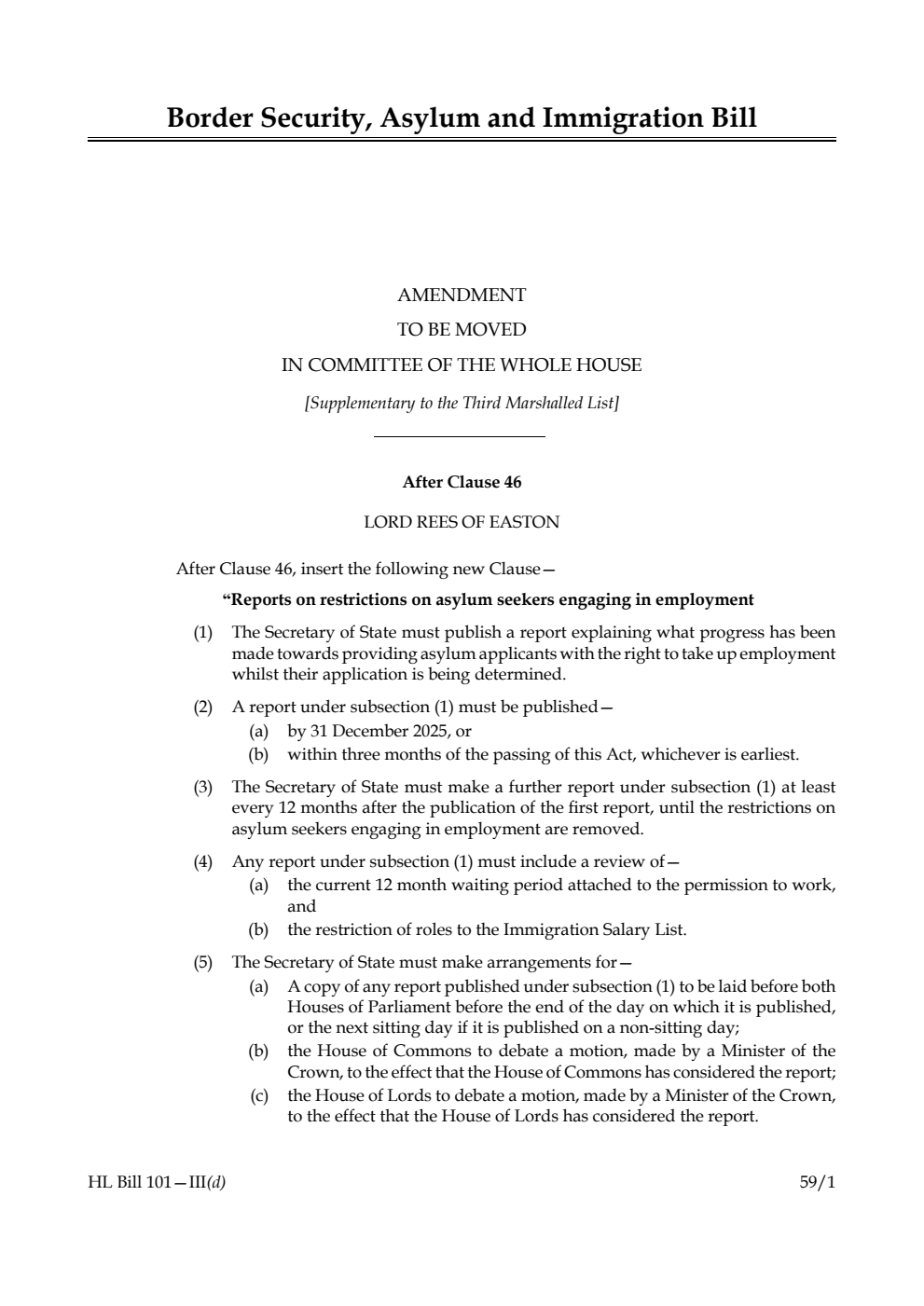 Border Security, Asylum and Immigration Bill Amendment to be moved in Committee of the Whole House [Supplementary to the Third Marshalled List] 