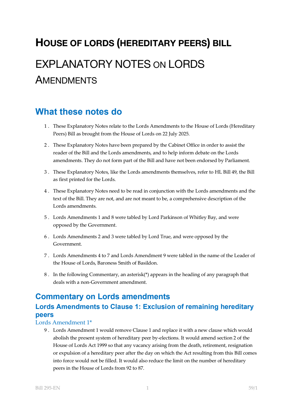 House of Lords (Hereditary Peers) Bill Explanatory Notes on Lords Amendments