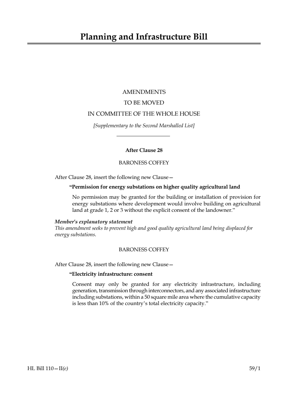 Planning and Infrastructure Bill Amendments to be moved in Committee of the Whole House [Supplementary to the Second Marshalled List]