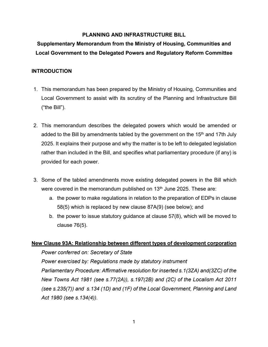 Planning and Infrastructure Bill - Supplementary Memorandum from the Ministry of Housing, Communities and Local Government to the Delegated Powers and Regulatory Reform Committee. 17 July 2025