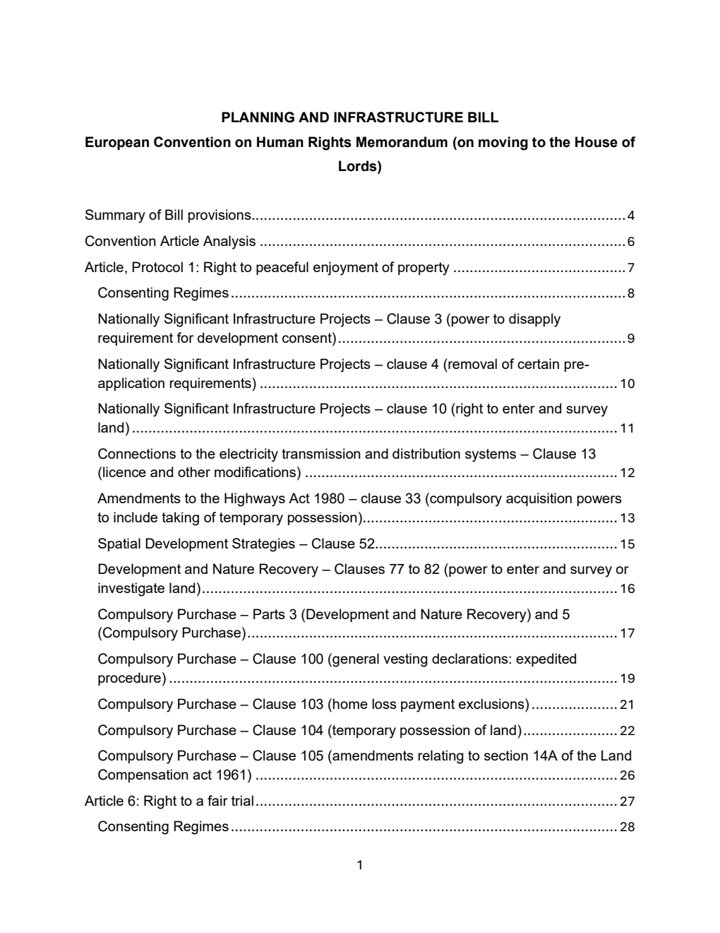 Planning and Infrastructure Bill - European Convention on Human Rights Memorandum (on moving to the House of Lords) 19 June 2025