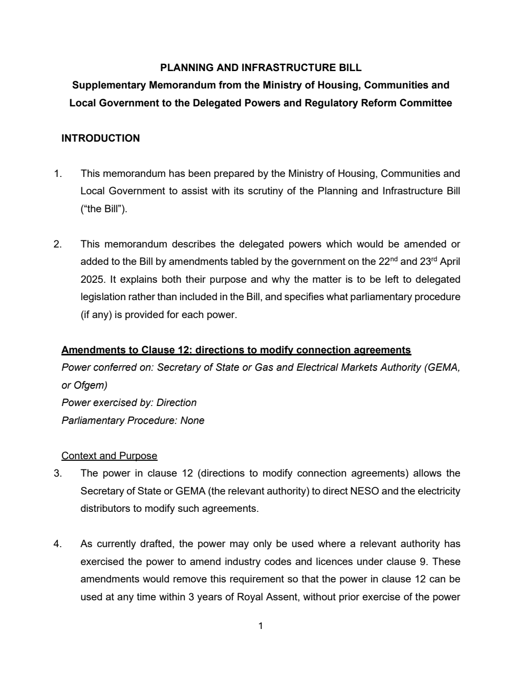 Planning and Infrastructure Bill - Supplementary Memorandum from the Ministry of Housing, Communities and Local Government to the Delegated Powers and Regulatory Reform Committee. 24 April 2025