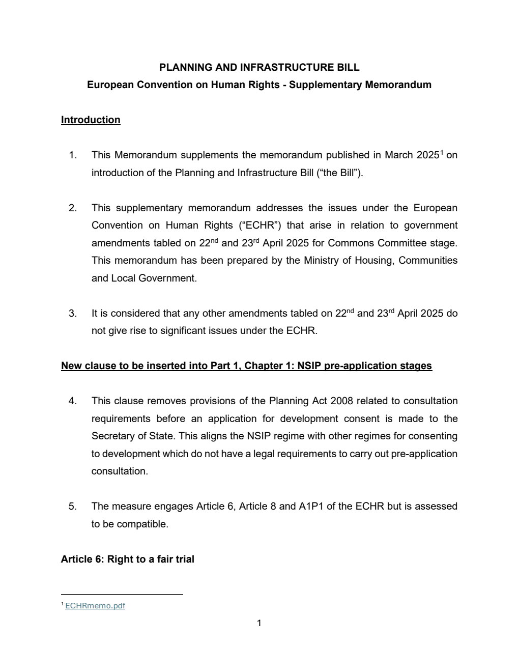 Planning and Infrastructure Bill - European Convention on Human Rights - Supplementary Memorandum. 24 April 2025