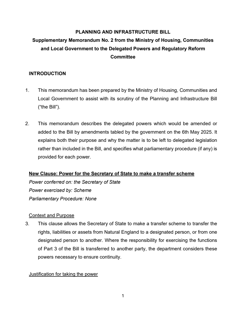 Planning and Infrastructure Bill - Supplementary Memorandum No. 2 from the Ministry of Housing, Communities and Local Government to the Delegated Powers and Regulatory Reform Committee. 12 May 2025