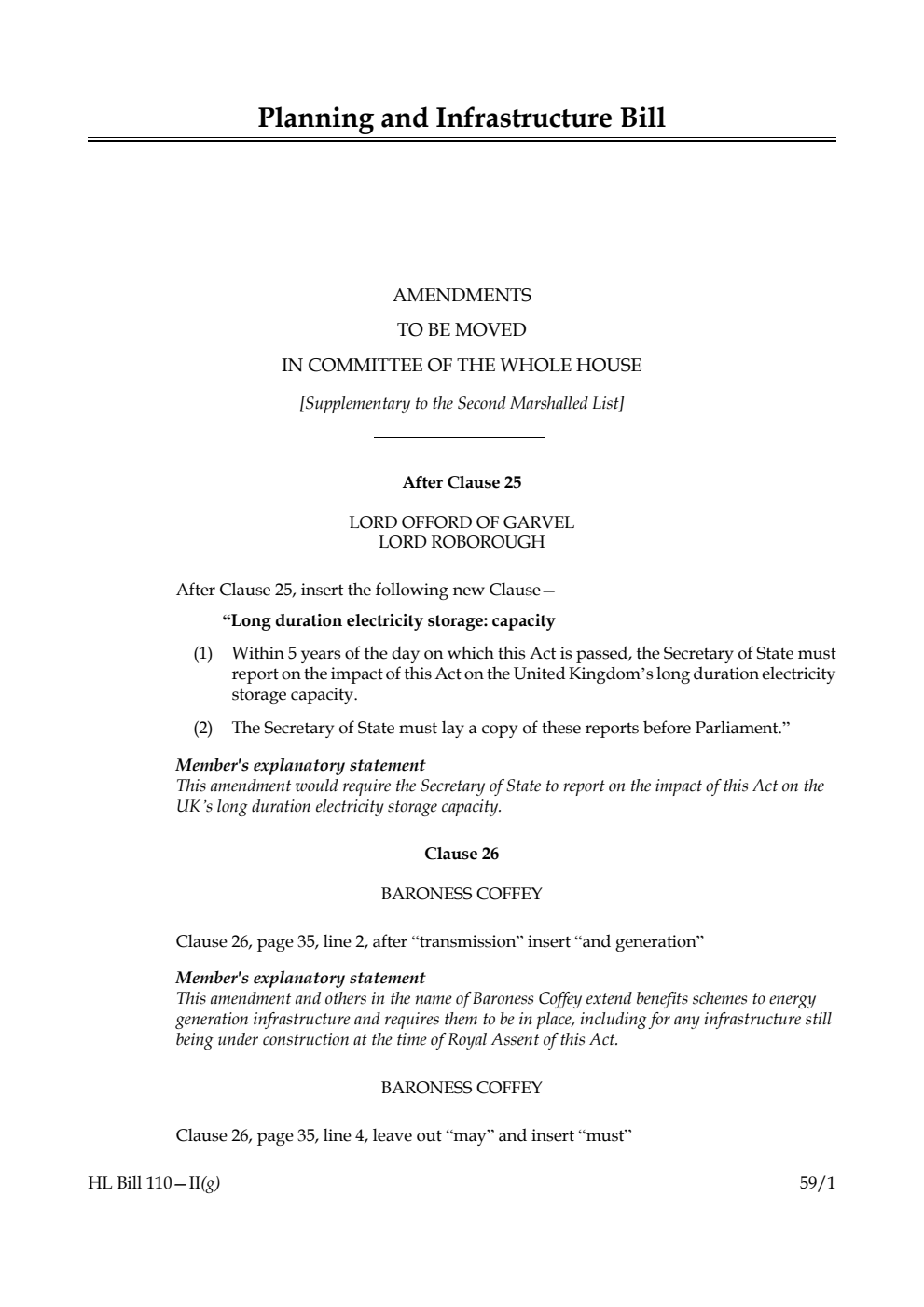 Planning and Infrastructure Bill Amendments to be moved in Committee of the Whole House [Supplementary to the Second Marshalled List]
