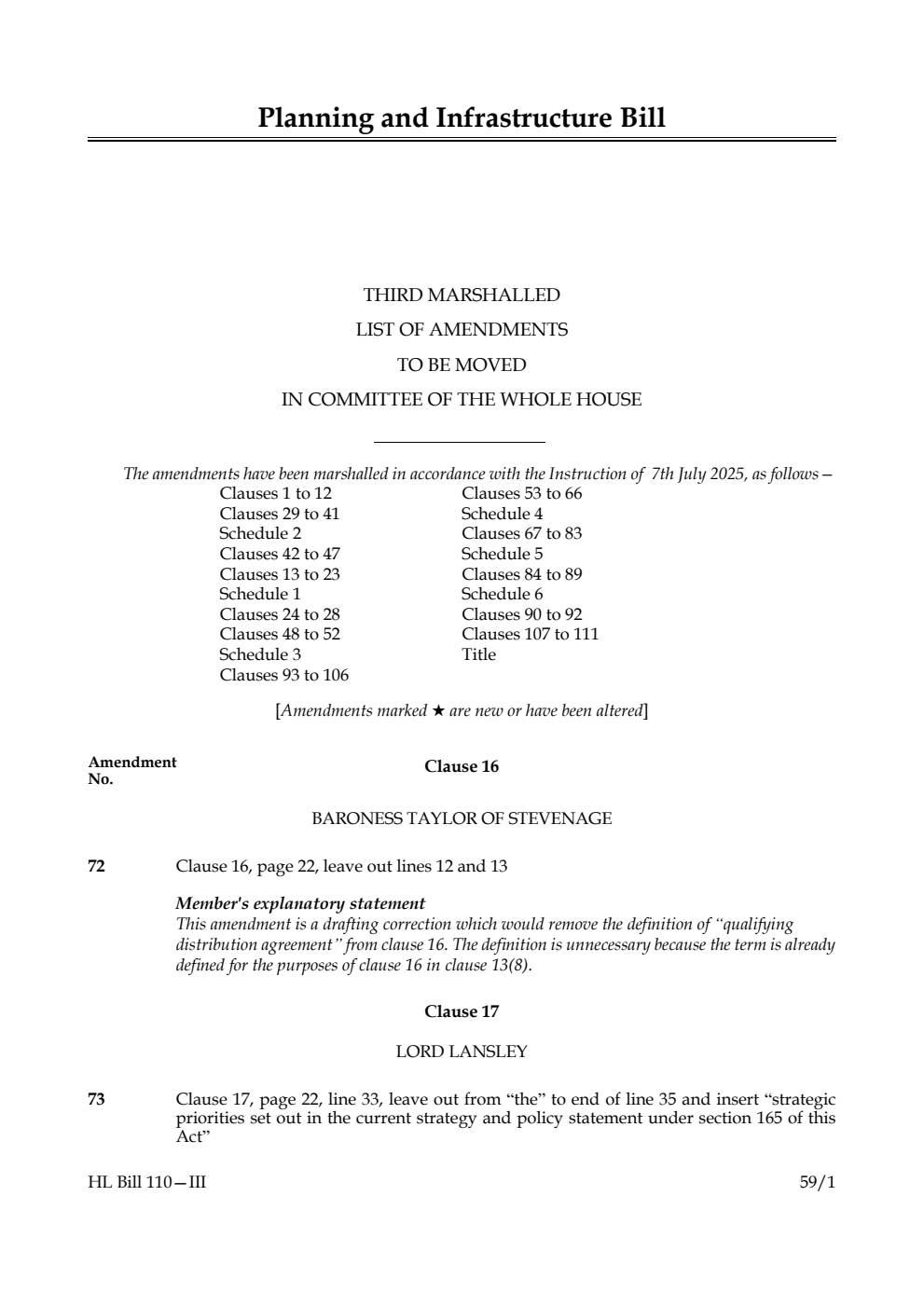 Planning and Infrastructure Bill Third Marshalled List of amendments to be moved in Committee of the Whole House