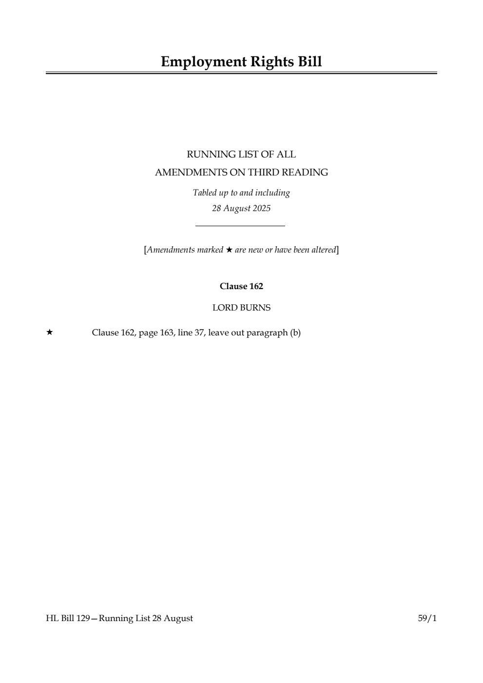 Employment Rights Bill Running List of all amendments on third reading tabled up to and including 28 August 2025