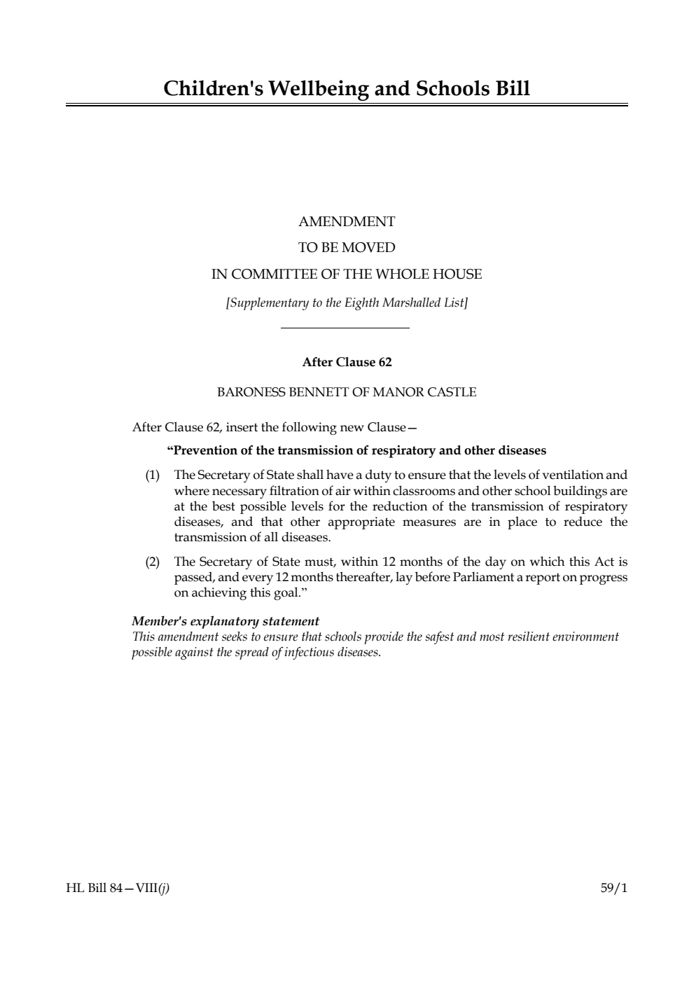 Children's Wellbeing and Schools Bill Amendment to be moved in Committee of the Whole House [Supplementary to the Eighth Marshalled List]