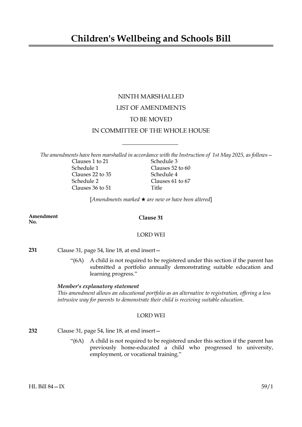 Children's Wellbeing and Schools Bill Ninth Marshalled List of amendments to be moved in Committee of the Whole House