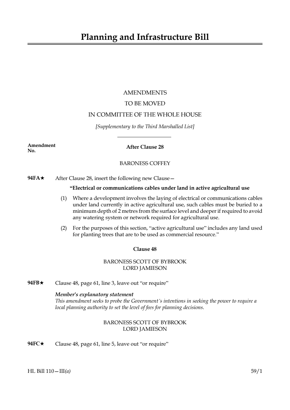 Planning and Infrastructure Bill Amendments to be moved in Committee of the Whole House [Supplementary to the Third Marshalled List] 