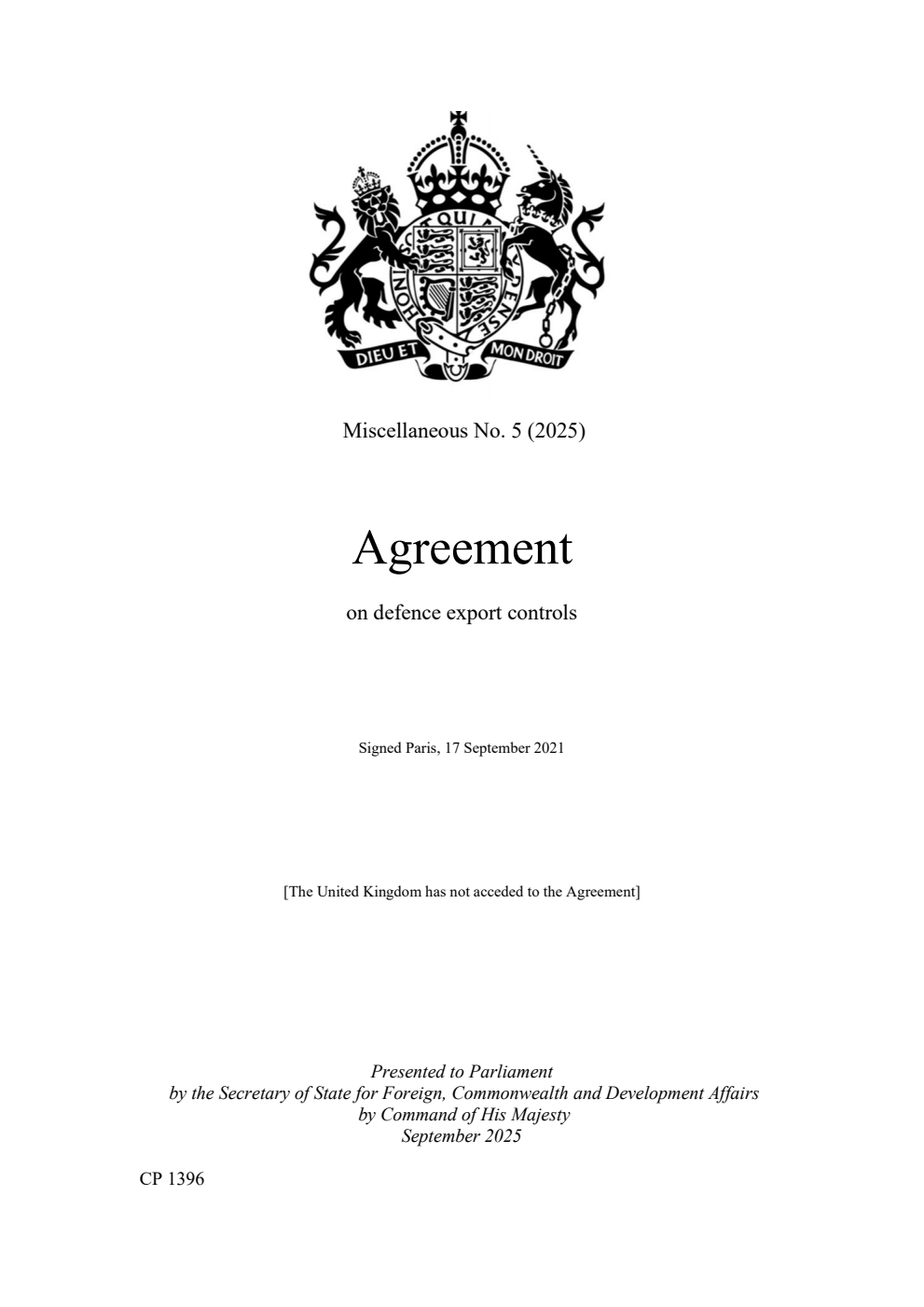 Miscellaneous No. 5 (2025) Agreement on defence export controls. Signed Paris, 17 September 2021